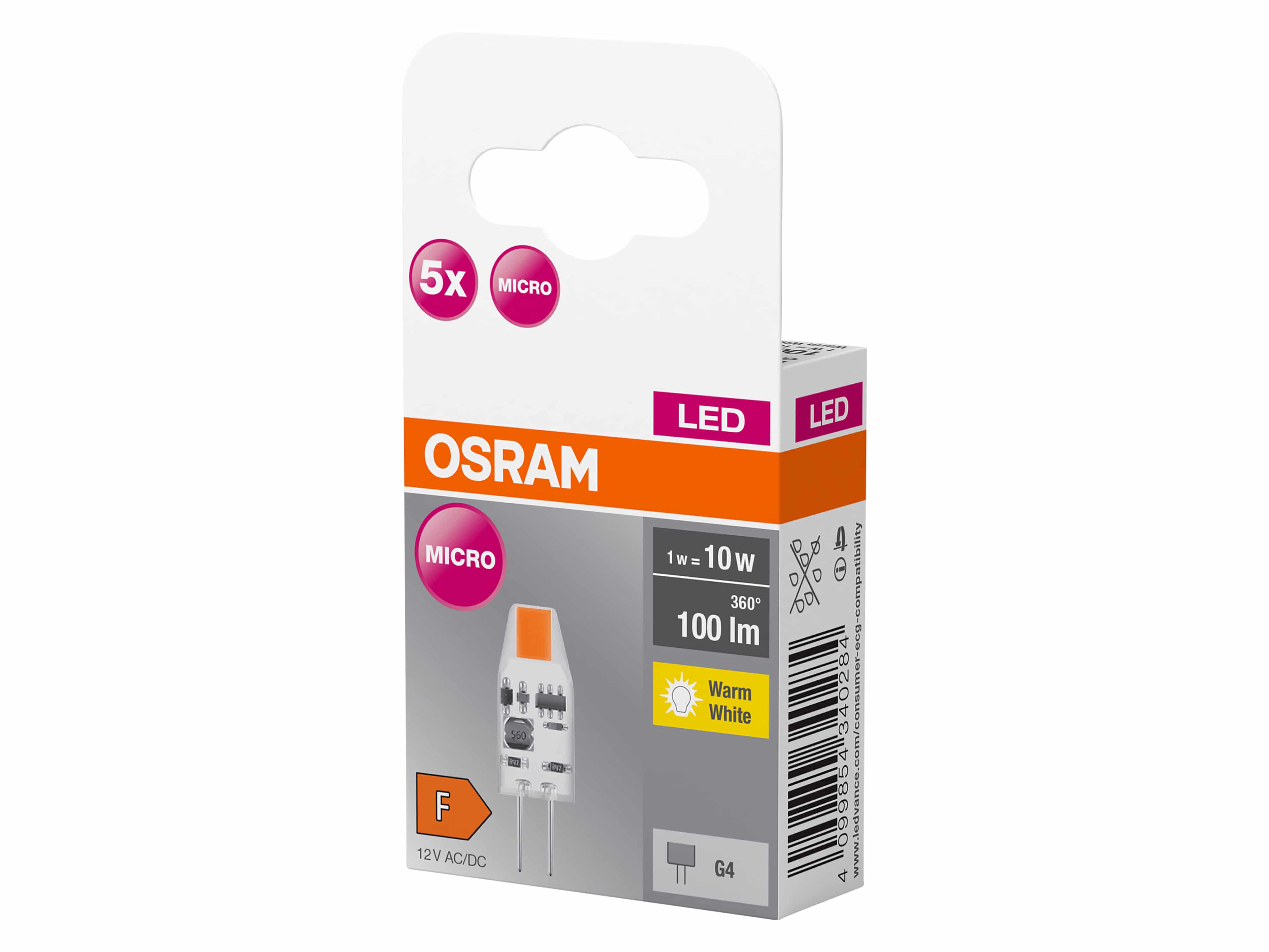 OSRAM LED-Lampe PIN, 5 Stück, G4, 1 W, 100 lm, 2700 K