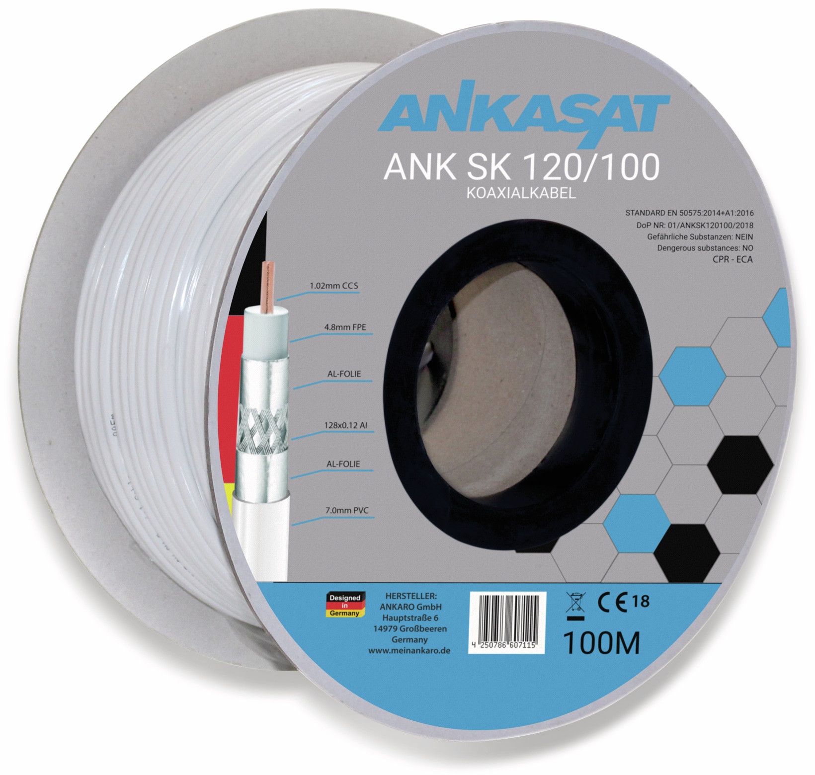 ANKASAT Koaxialkabel, 100 m, weiß, 6,8 mm, CCS, 120 dB