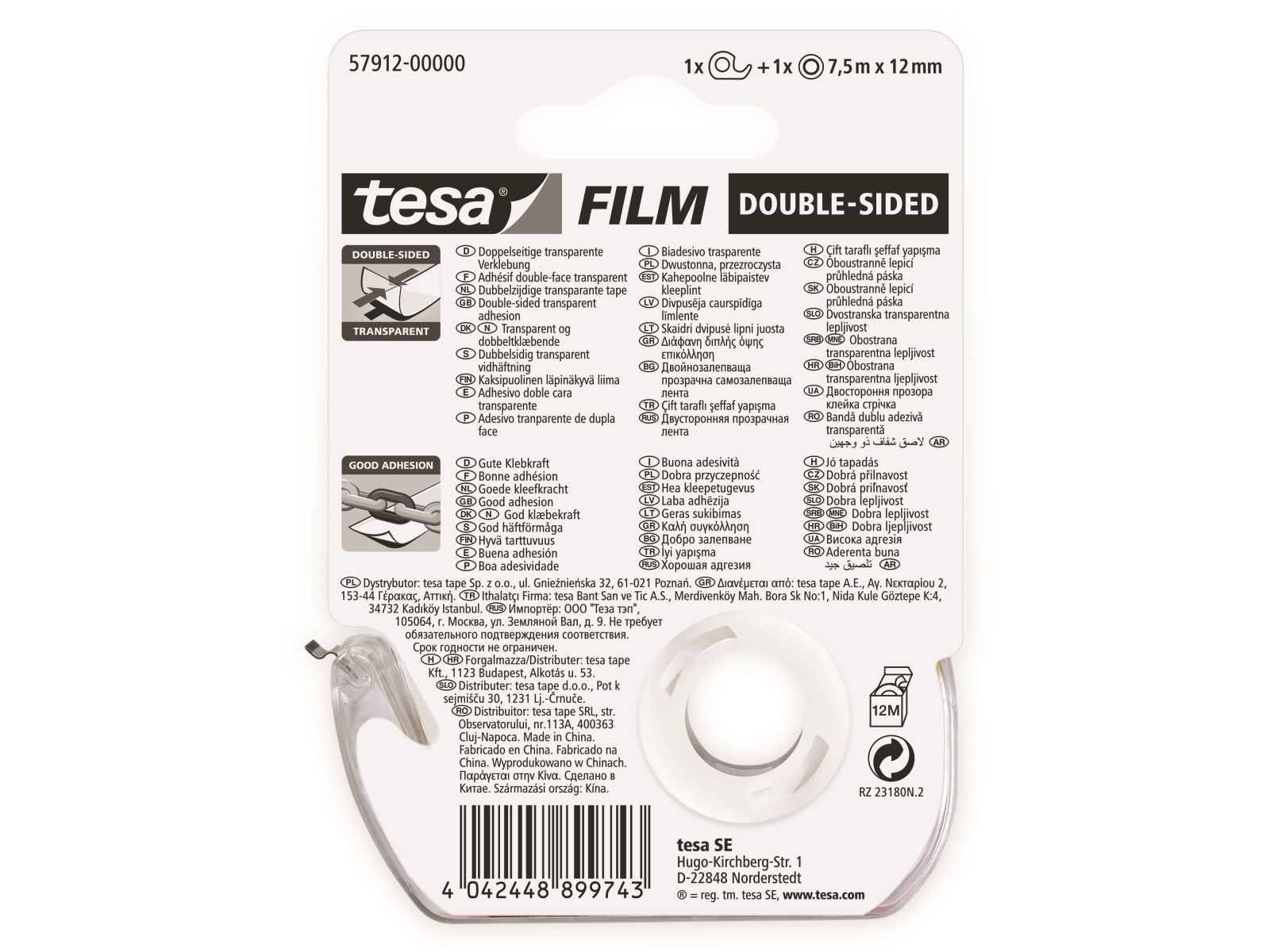 TESA film® doppelseitig, 1 Rolle + Abroller, 7,5m:12mm, 57912-00000-02