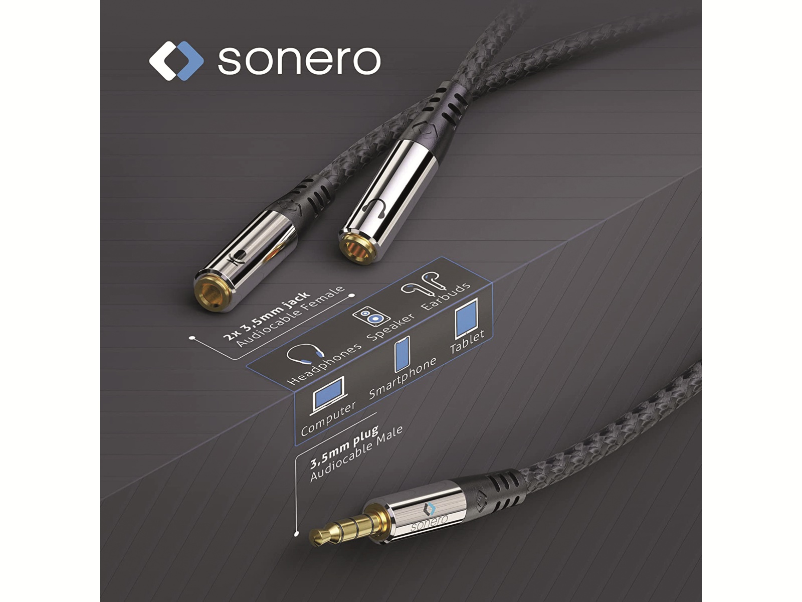 SONERO Klinken-Adapterkabel, 3,5 mm, 0,25 m, Nylonmantel, schwarz
