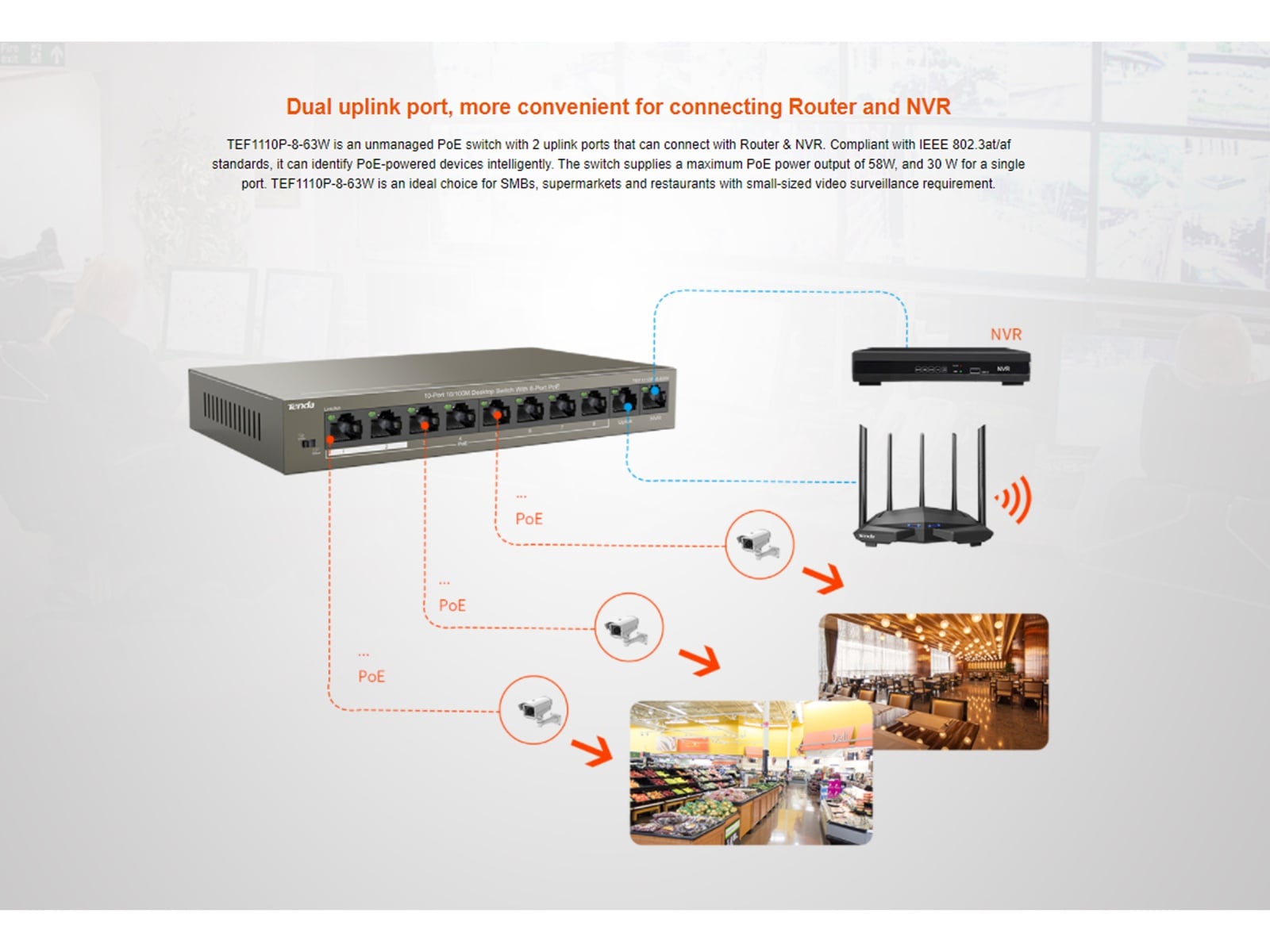 Tenda Switch TEF1110P-8-63W, 8-Port, 63 W