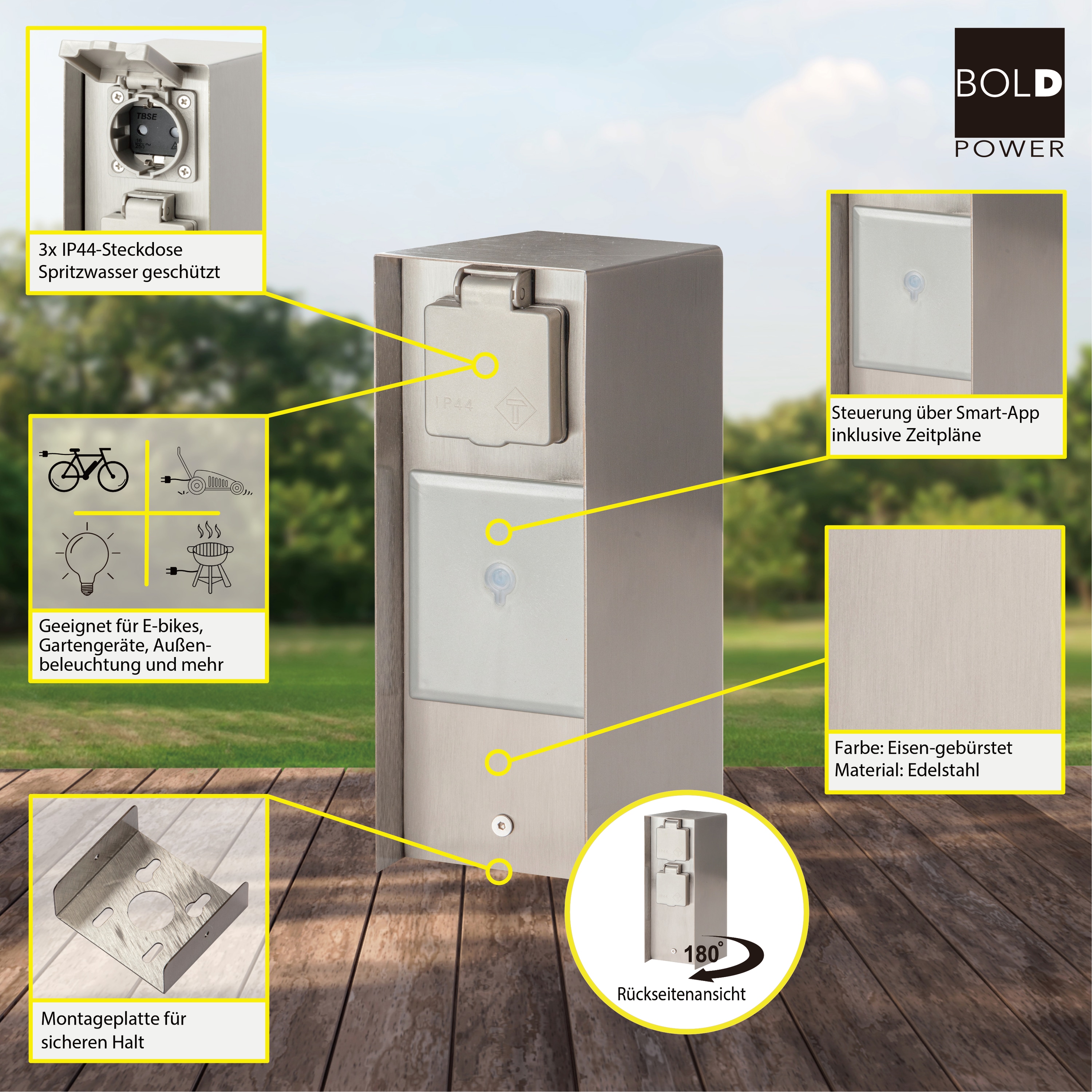 BOLD POWER Steckdosensäule Orio Smart 10425, 3-fach, IP44, Eisen gebürstet