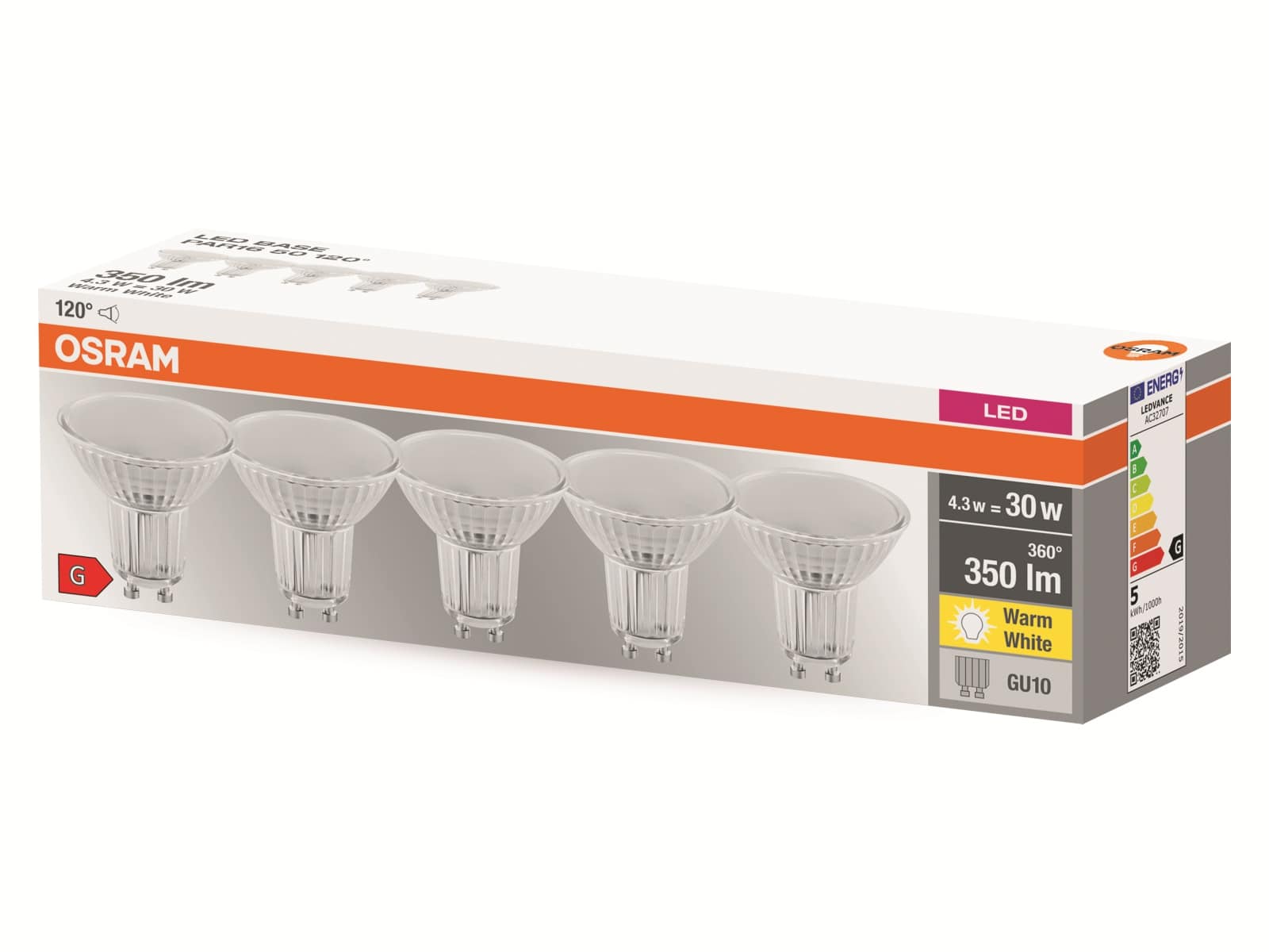 OSRAM LED-Lampe, PAR16, GU10, EEK: F, 4,3W, 350lm, 2700K, 5 Stk