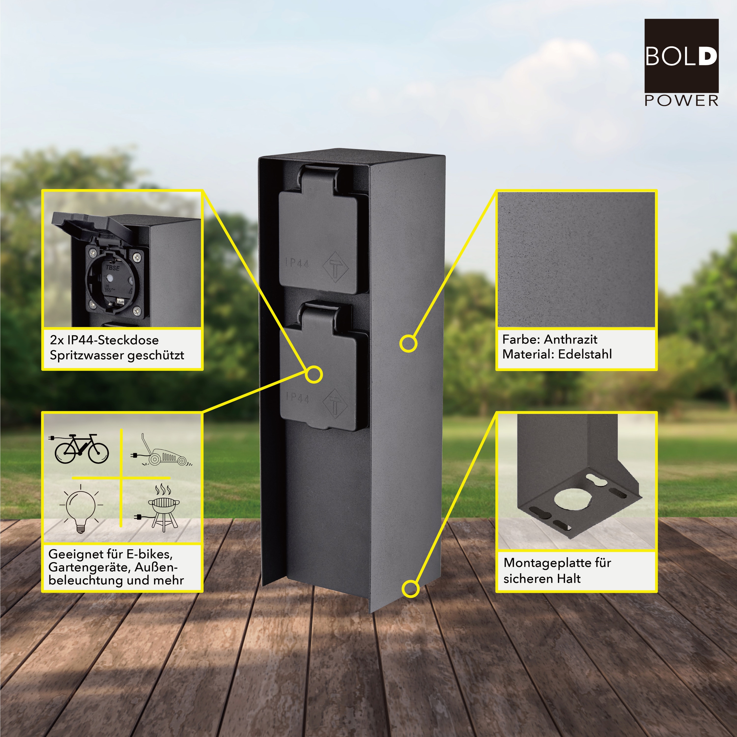 BOLD POWER Steckdosensäule Orio 10044, 2-fach, IP44, anthrazit