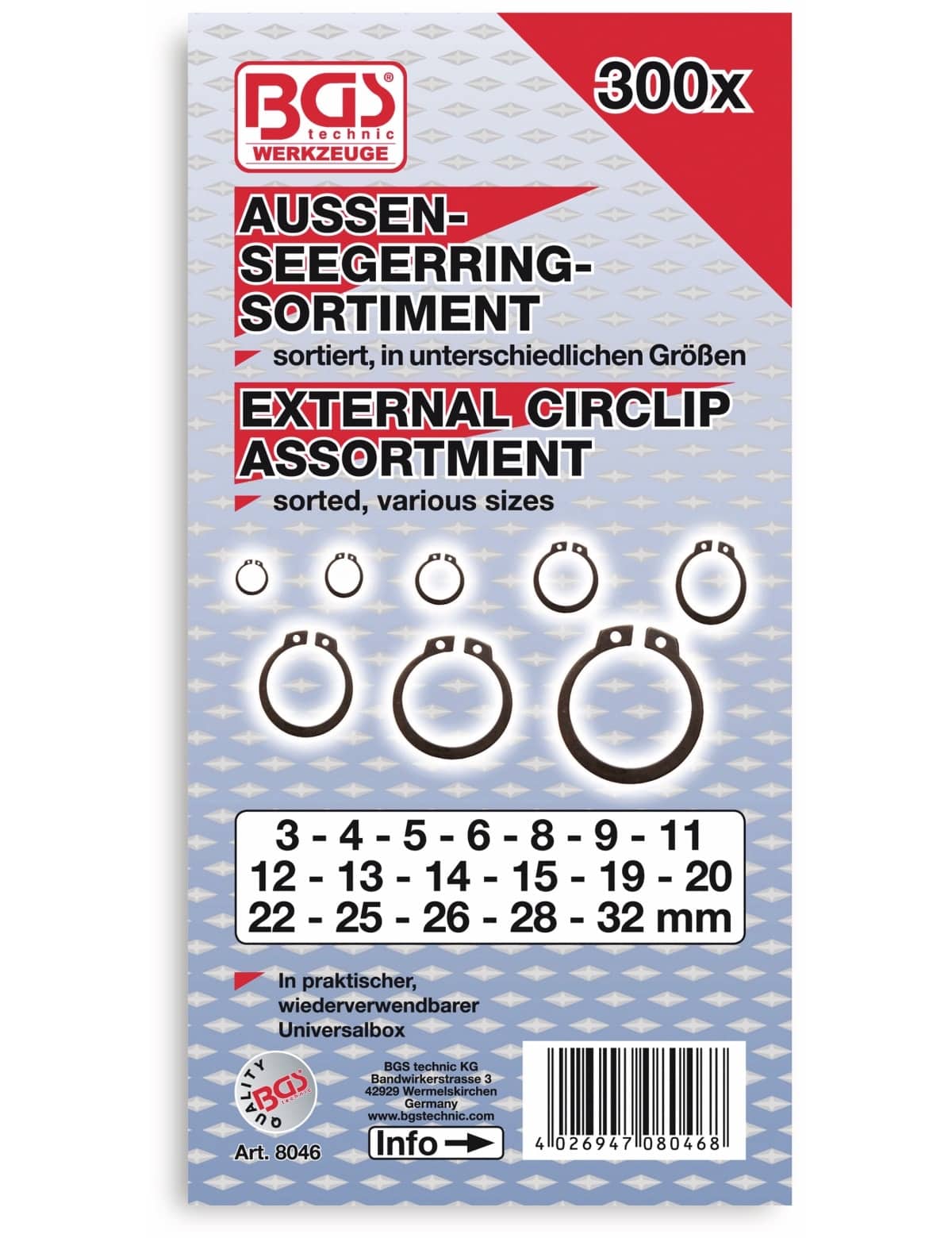 BGS TECHNIC Außen-Seegering-Set, 8046, Ø3...32 mm, 300-tlg