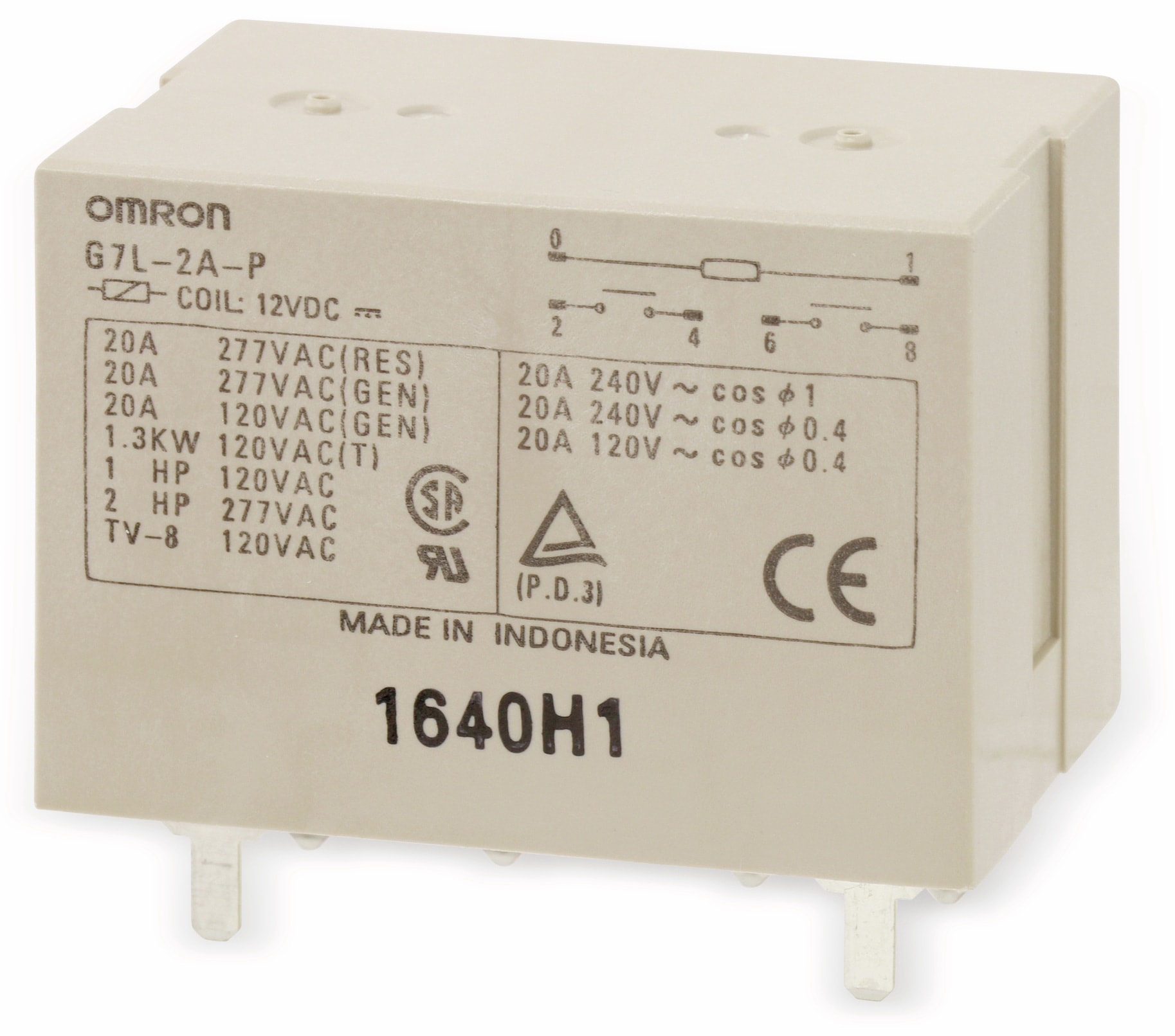 OMRON Leistungs-Relais G7L-2A-P, 12 V-, 2 Schließer, 20 A/240 V~