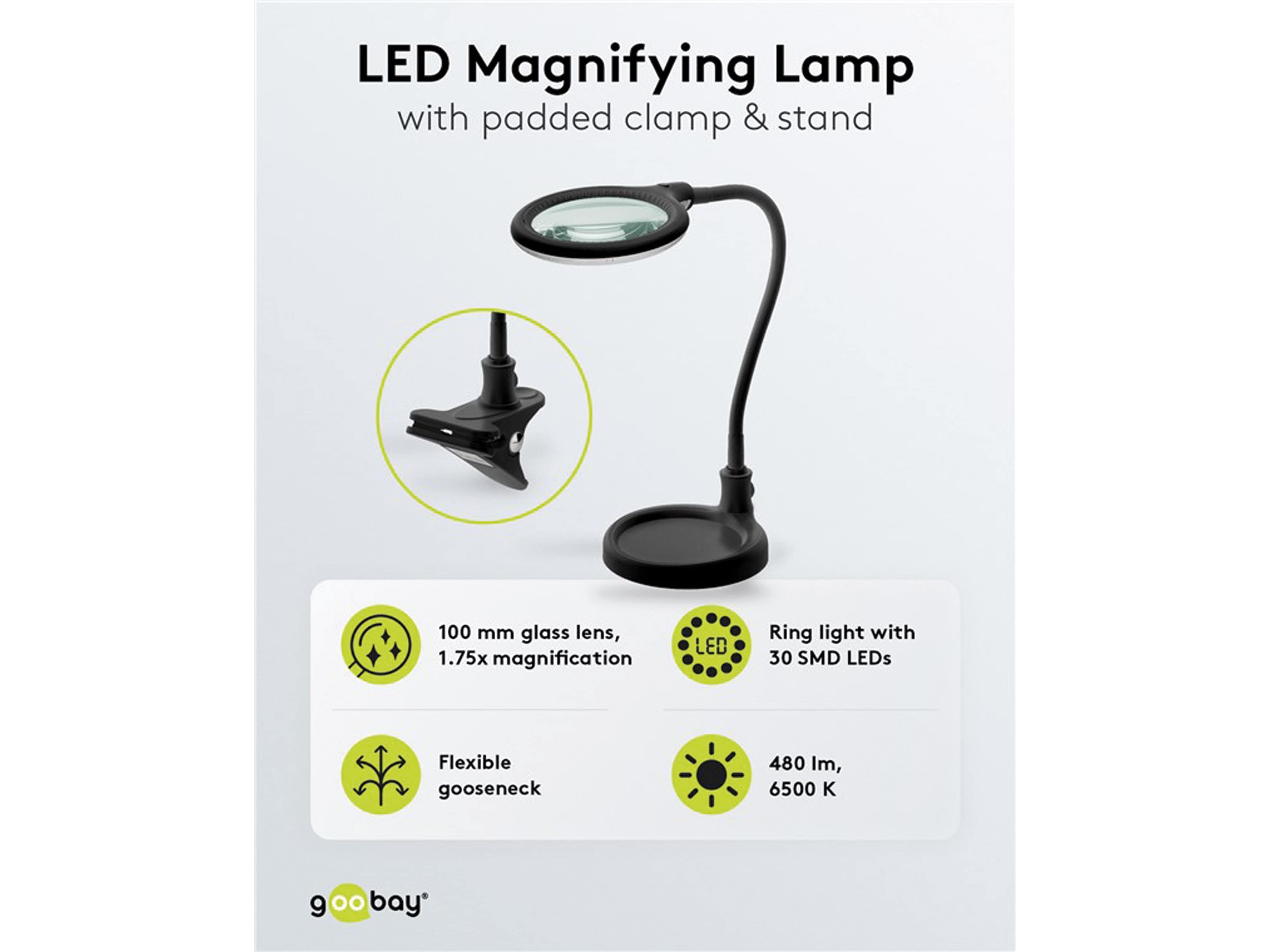 GOOBAY LED Stand-/Klemm-Lupenleuchte, 6W, 480lm, 1,75x Vergrößerung, schwarz