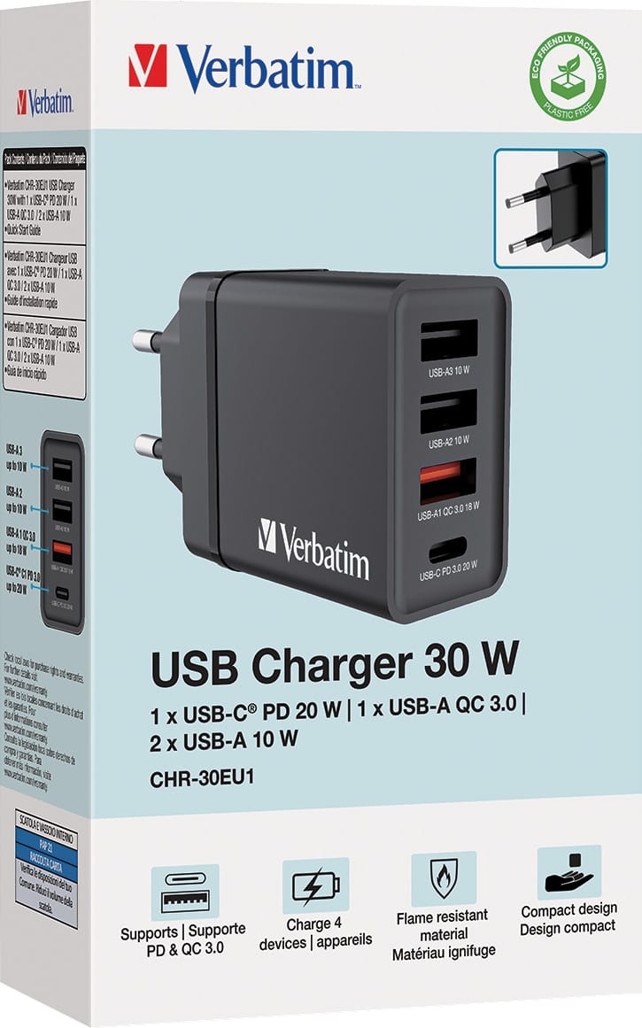 VERBATIM USB-Ladegerät 49700, 2x USB-A, 1x USB-A QC, 1x USB-C PD, sw