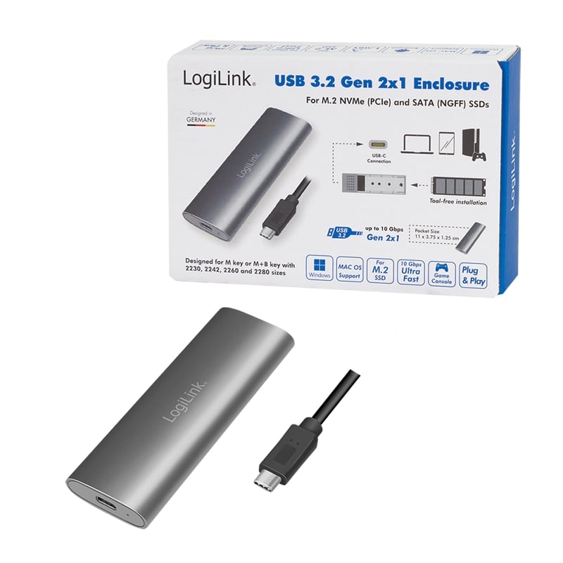 LOGILINK Festplattengehäuse UA0389, M.2 PCIe NVMe SSD,SATA SSDs, silber