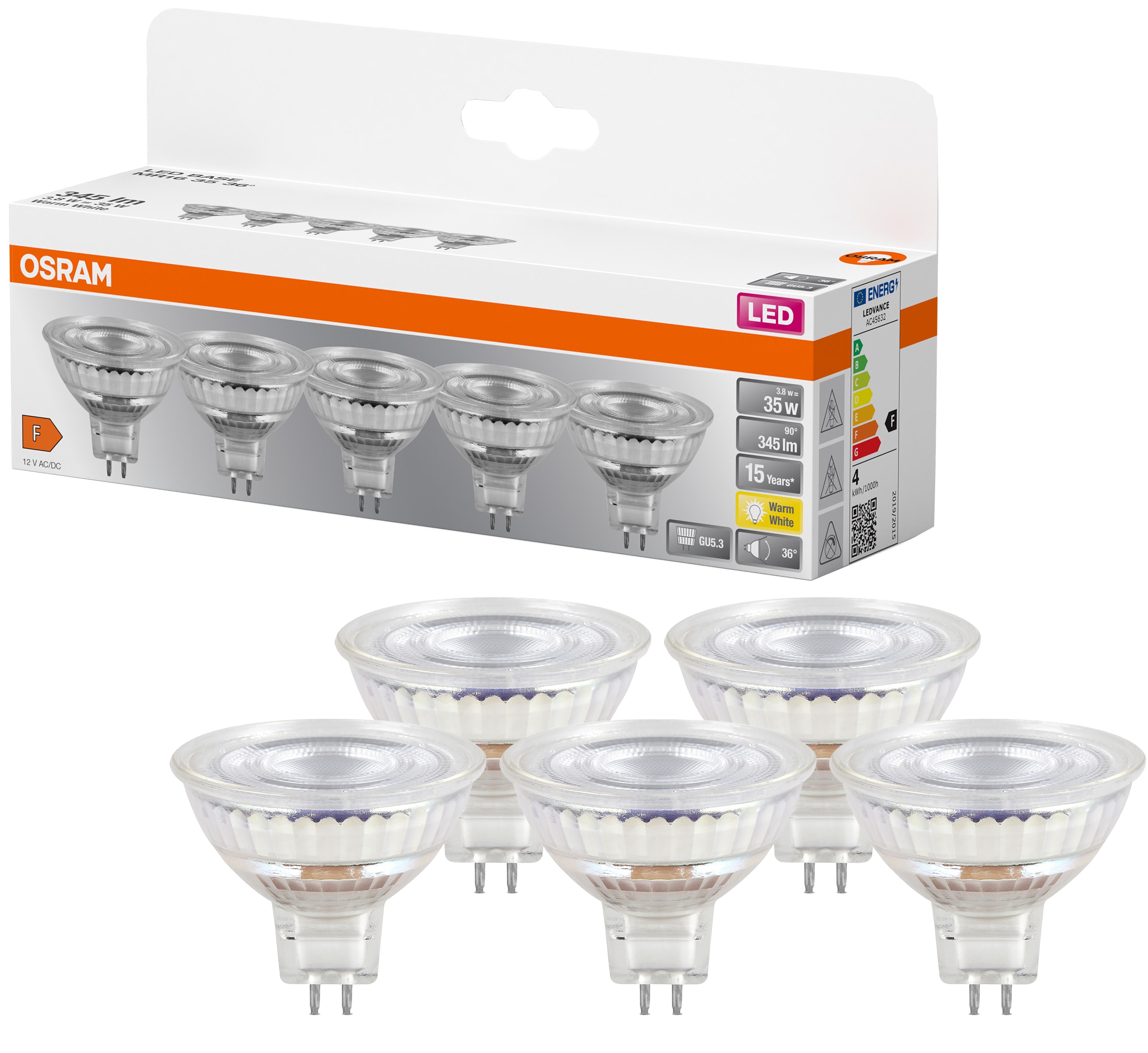 OSRAM LED-Lampe MR16, 5 Stück, GU5,3, 3,8 W, 345 lm, 2700 K