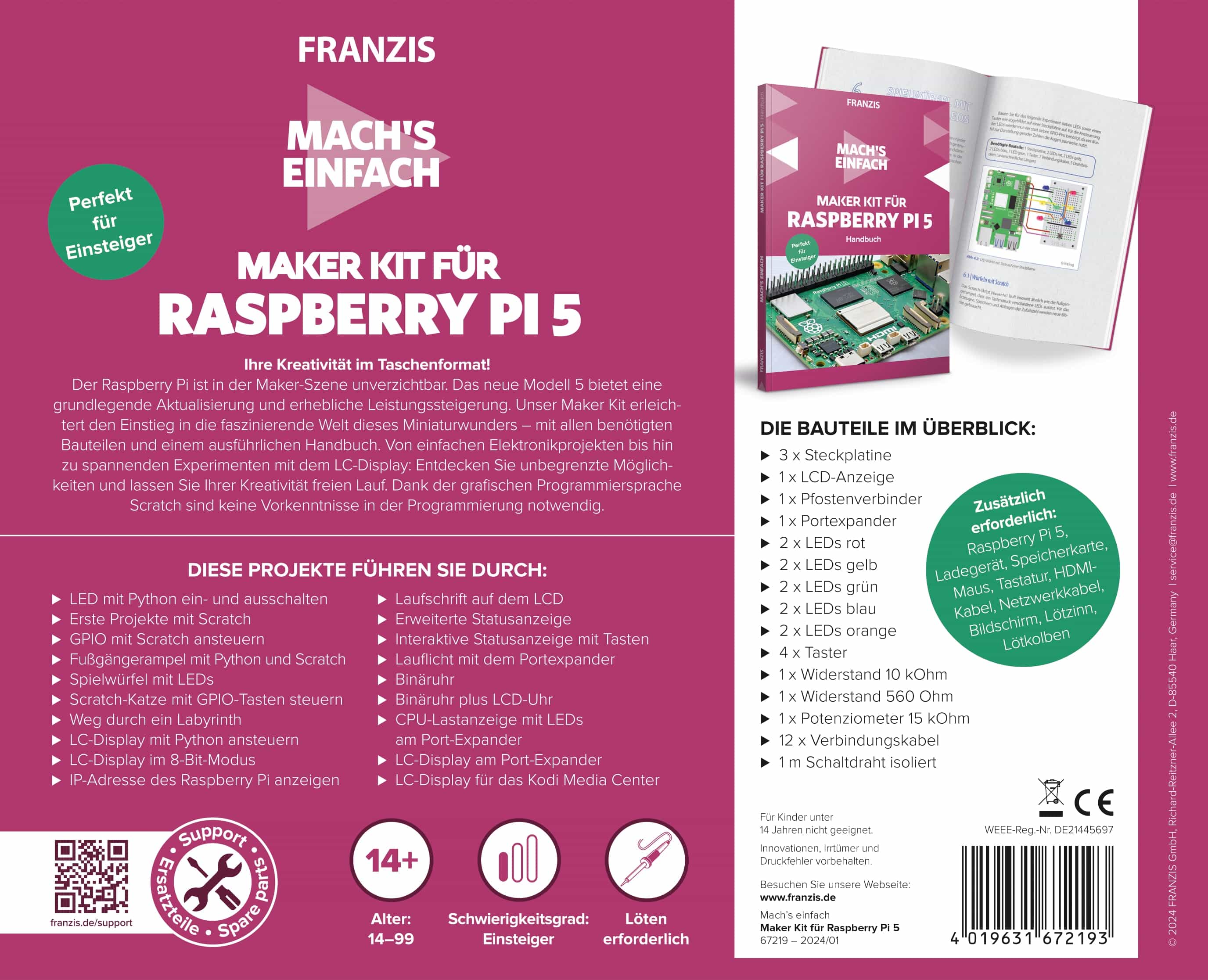 FRANZIS Maker Kit für Raspberry Pi 5 67219, Programmierplatine ab 14 Jahre