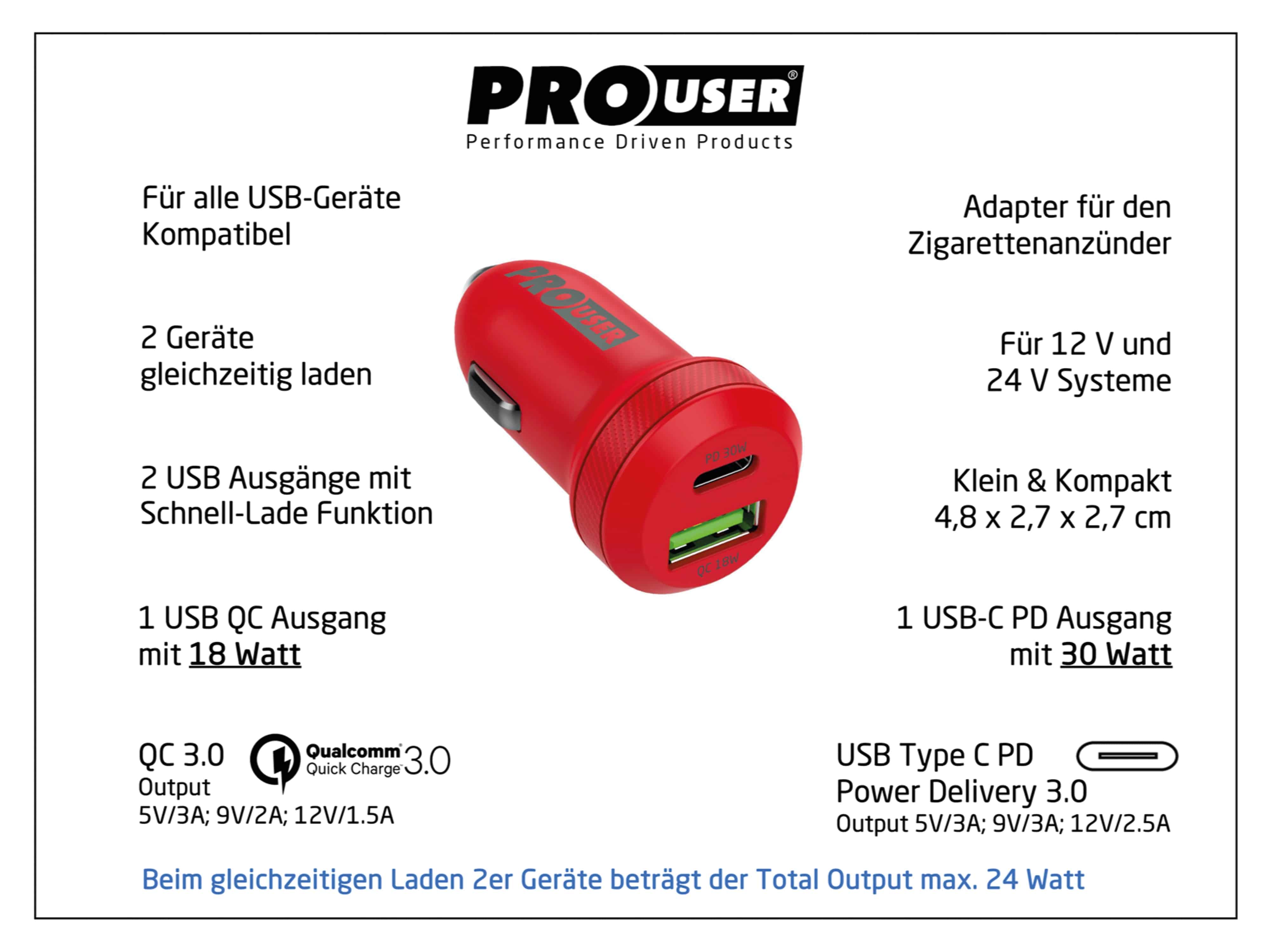 PROUSER Dual KFZ USB-Lader 20163, USB-C u. USB-A (QCPD2B), rot