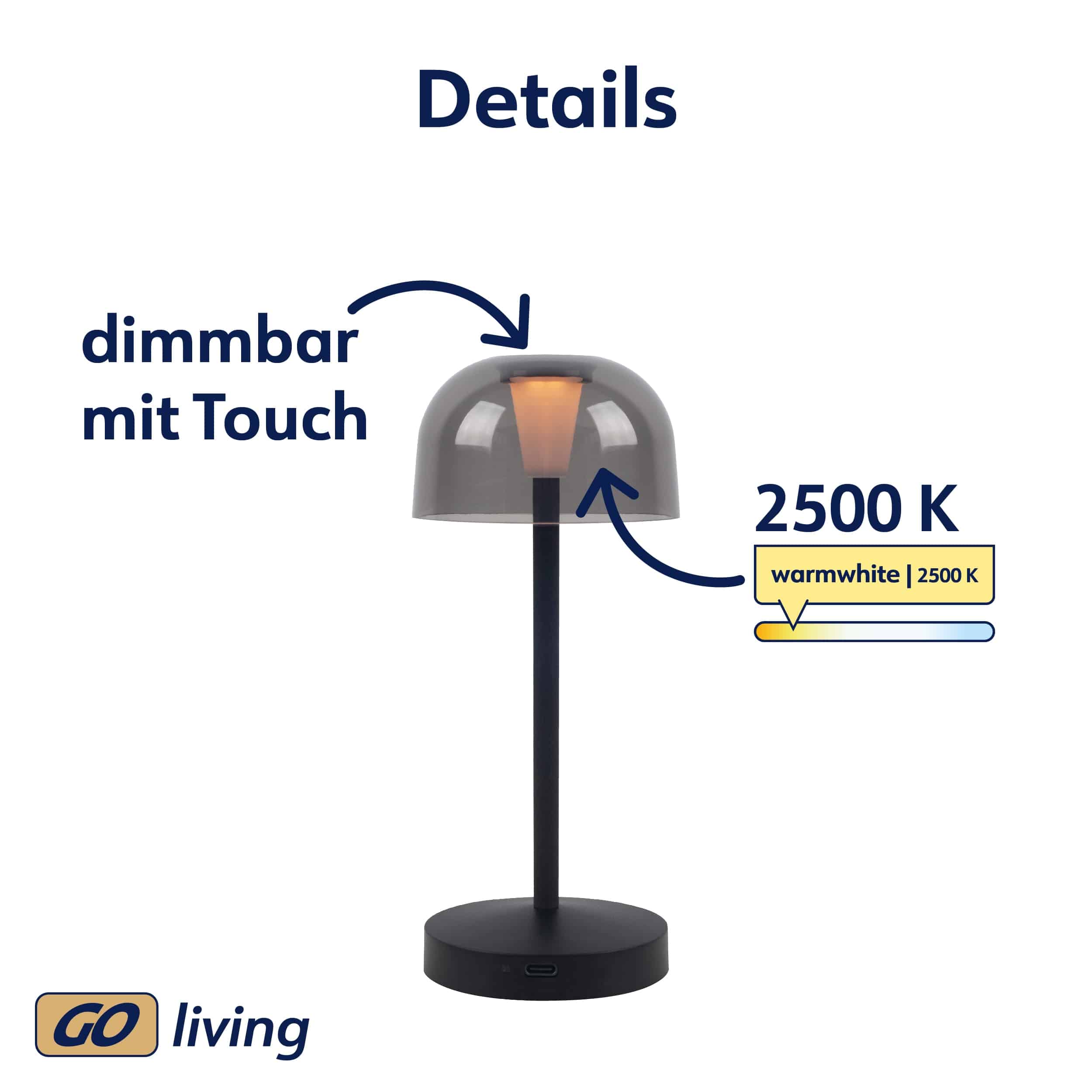 MÜLLER-LICHT LED-Akku-Tischleuchte 27700203, dimmbar, 2500K, warmweiß, schwarz