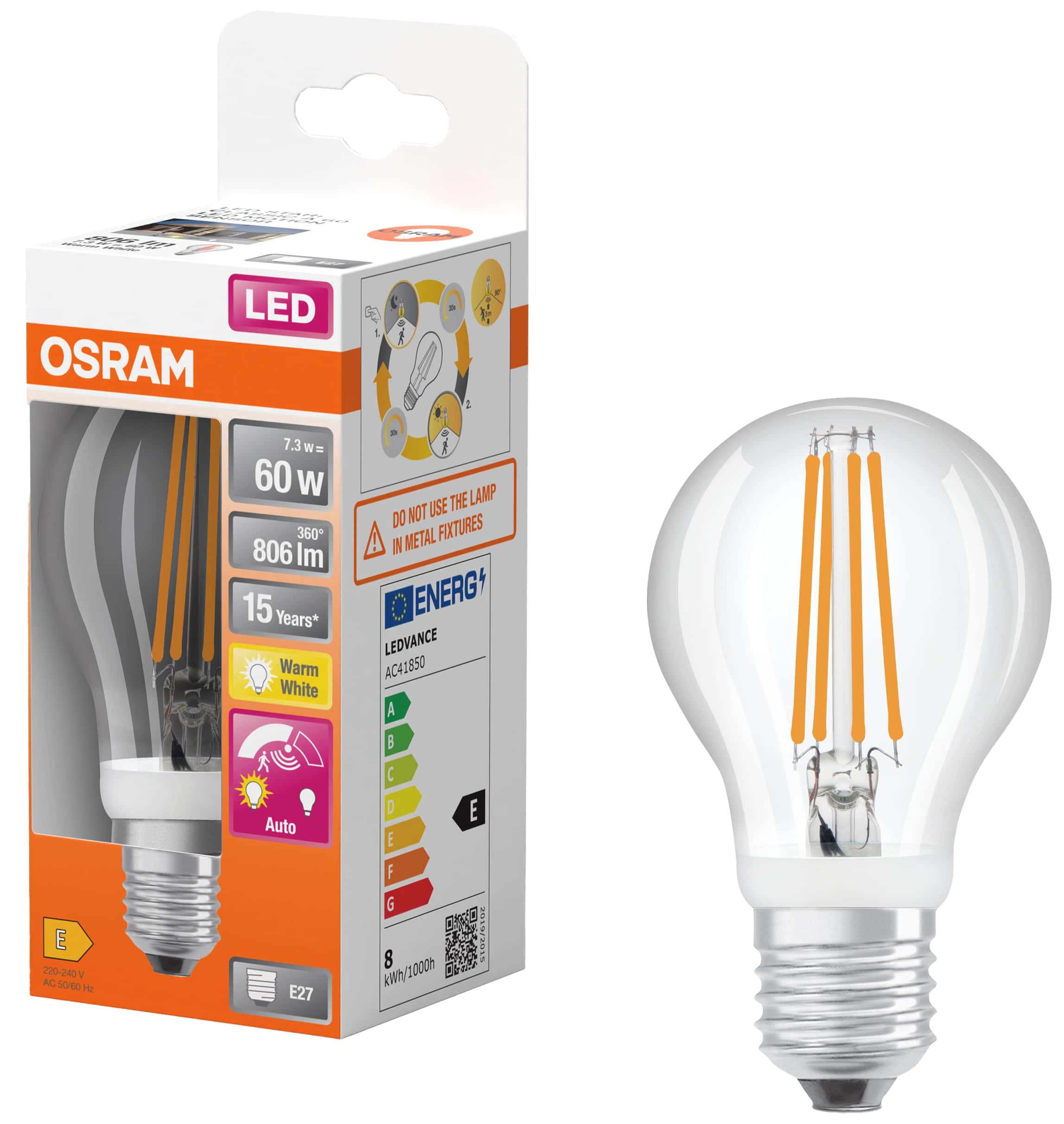 OSRAM LED-Lampe Star Classic, A60, E27, EEK: E, 7,3 W, 806 lm, 2700 K, mit Bewegungssensor