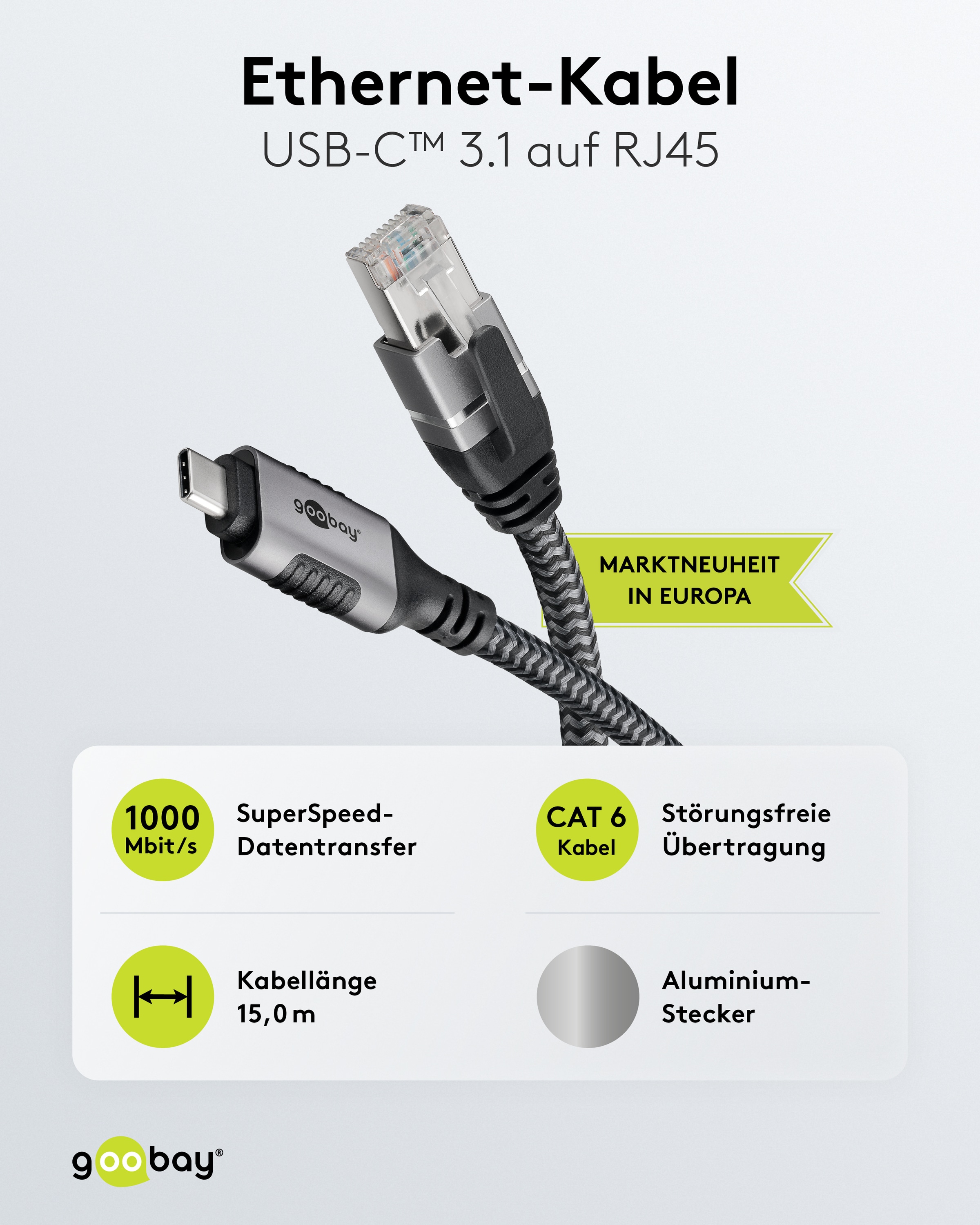 GOOBAY Ethernet-Kabel CAT6 USB-AC 3.1 auf RJ45 15m