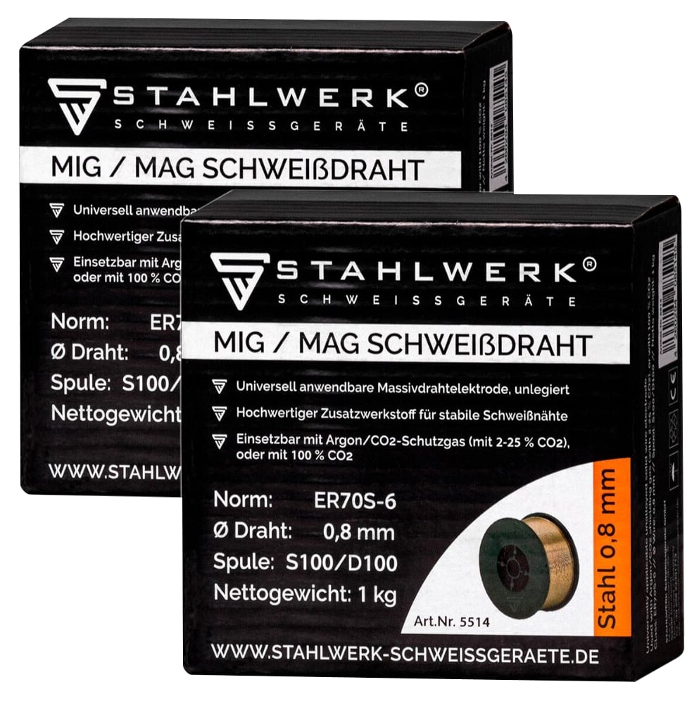 STAHLWERK MIG MAG Schweißdraht, 5512, ER70S-6, 0,8 mm, je 1 kg, 2er Set