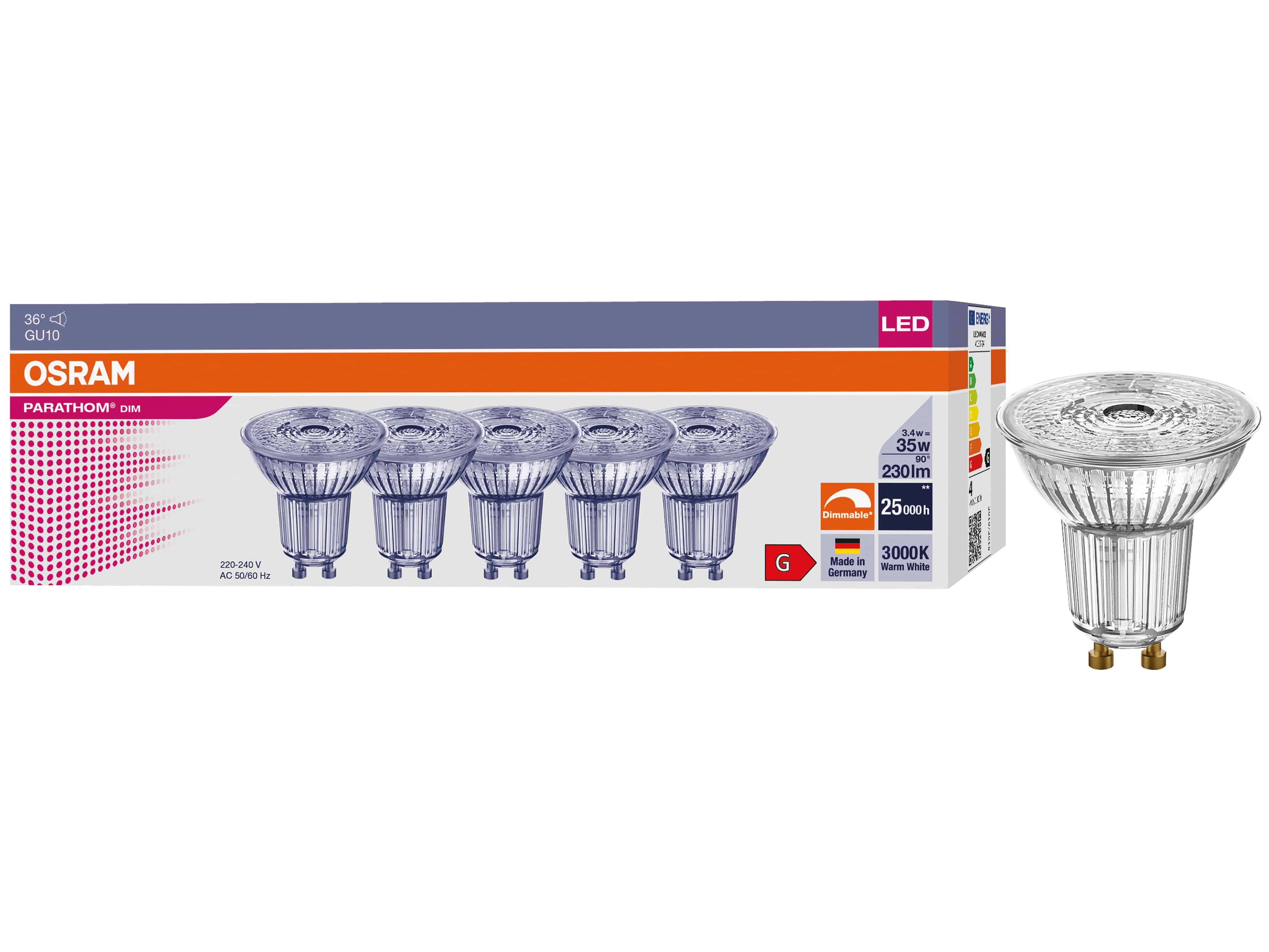 OSRAM LED-Reflektorlampe PARATHOM DIM, PAR16, GU10, EEK: G, 3,4 W, 230 lm, 3000 K, 5 Stück