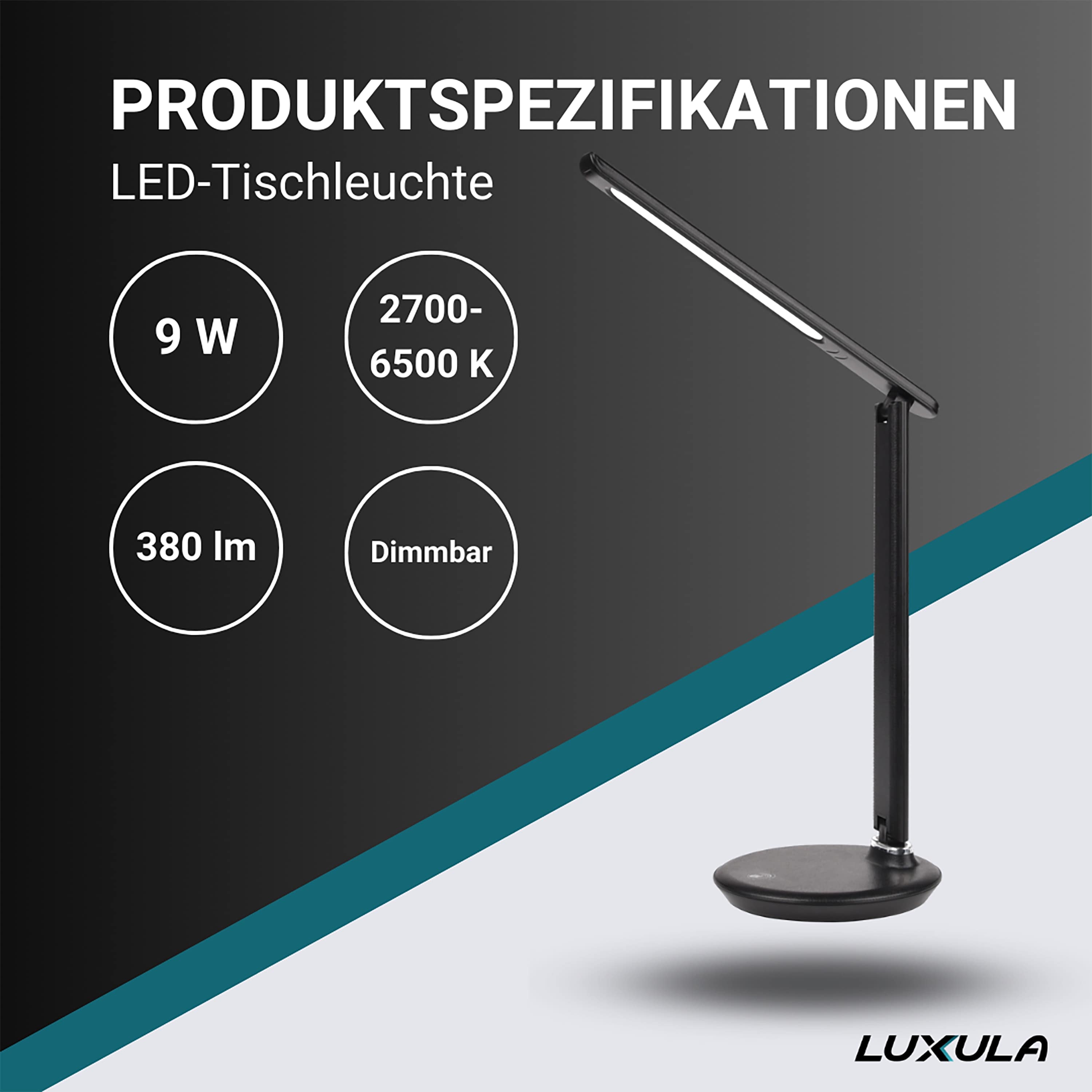 LUXULA LED-Tischlampe LX700150, dimmbar, CCT-Funktion, 9W, schwarz