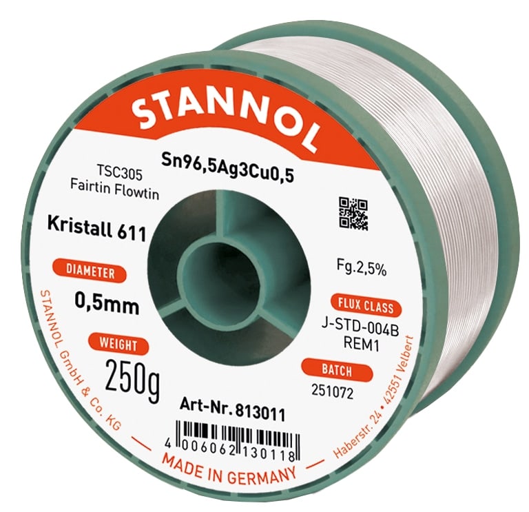 STANNOL Lötzinn Kristall 611, TSC305, Sn96,5Ag3,0Cu0,5, Fairtin Flowtin, 0,5 mm, 250 g