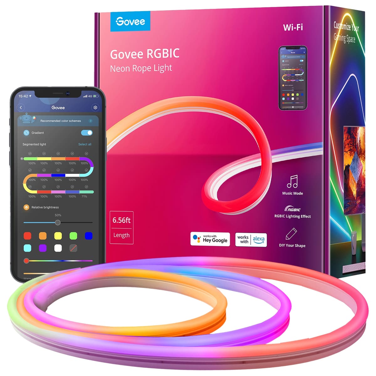 GOVEE LED-Strip, RGBIC Neon Rope, EEK: G, Wi-Fi dimmbar, 2 m