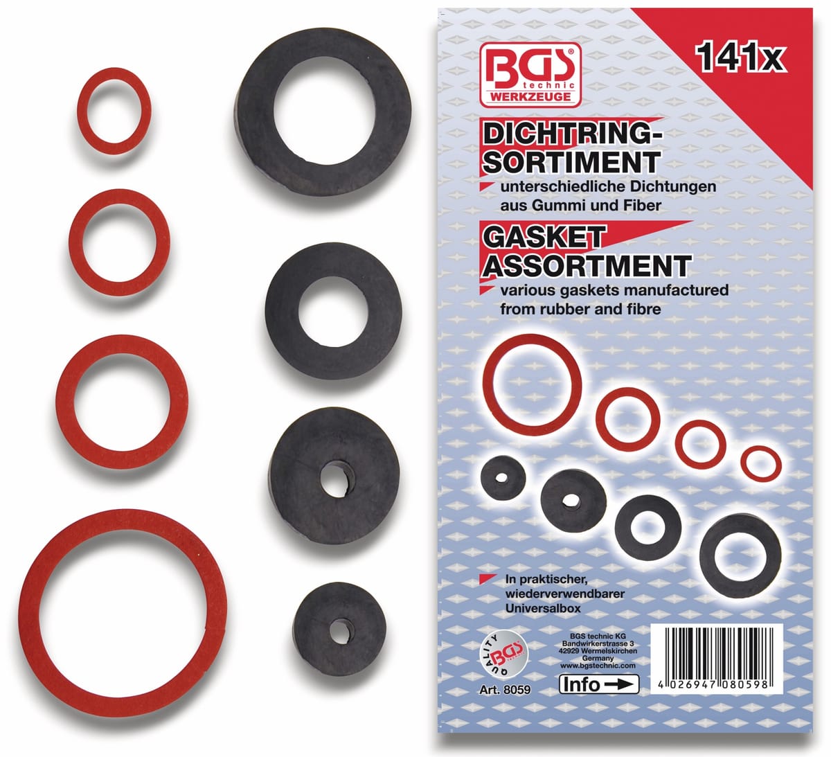 BGS TECHNIC Sort. Dichtring, 8059, Gummi / Fiberglas, 141-tlg