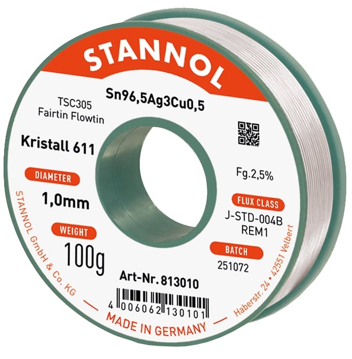 STANNOL Lötzinn Kristall 611, TSC305, Sn96,5Ag3,0Cu0,5, Fairtin Flowtin, 1,0 mm, 100 g