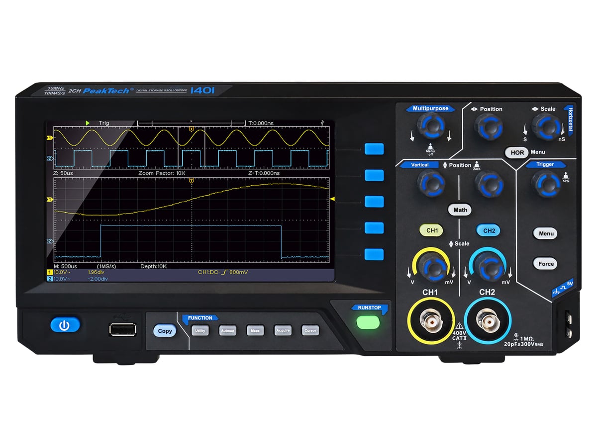 PEAKTECH Digital Speicher Oszilloskop, P 1401, 2 Kanäle, 10 MHz