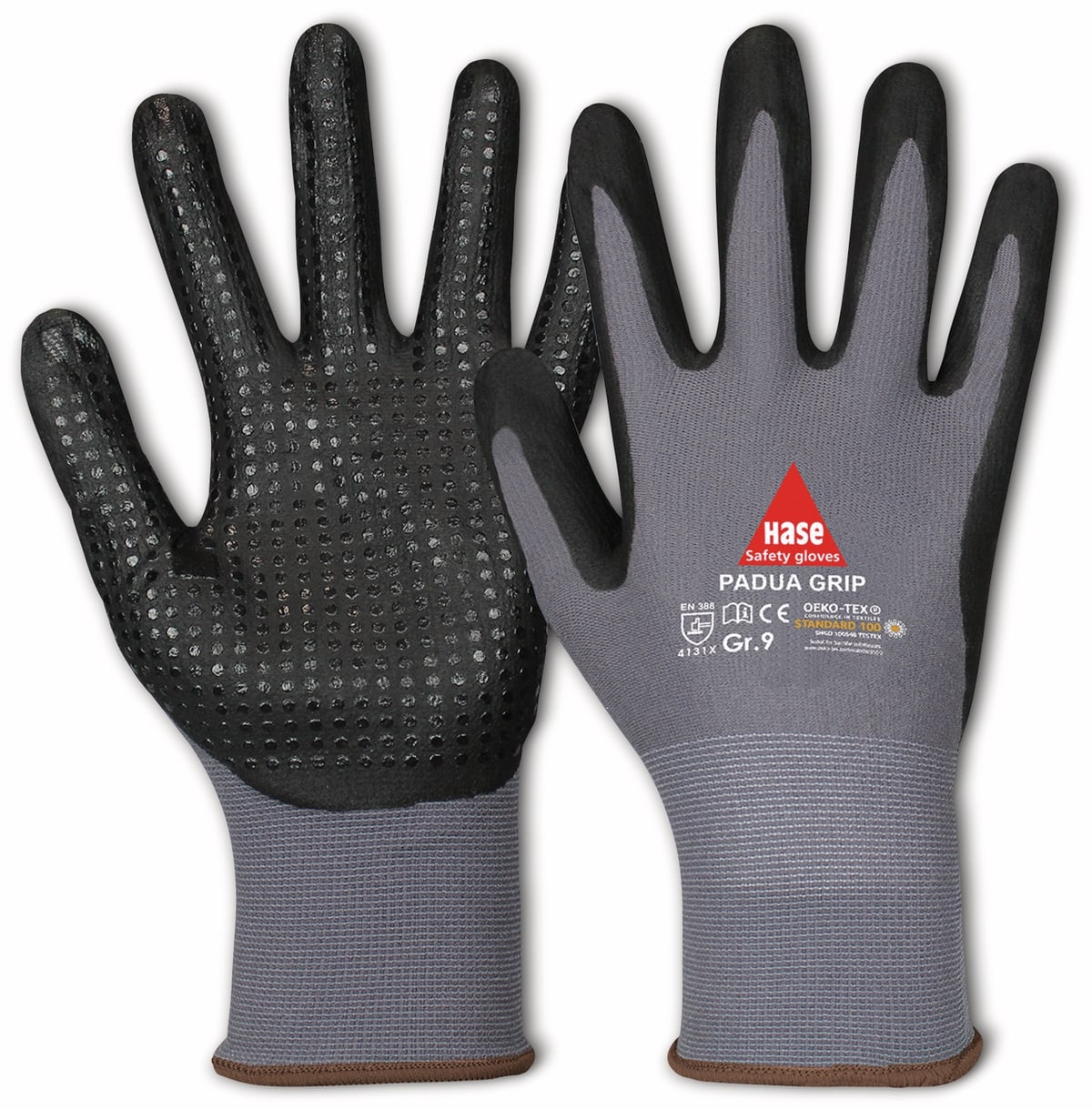 HASE SAFETY GLOVES Arbeitshandschuhe mit Noppen, Padua Grip, EN 388, EN 420, Größe 9, grau/schwarz