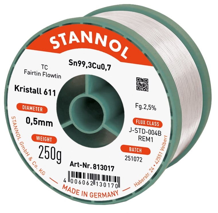 STANNOL Lötzinn Kristall 611, TC, Sn99,3Cu0,7, Fairtin Flowtin, 0,5 mm, 250 g