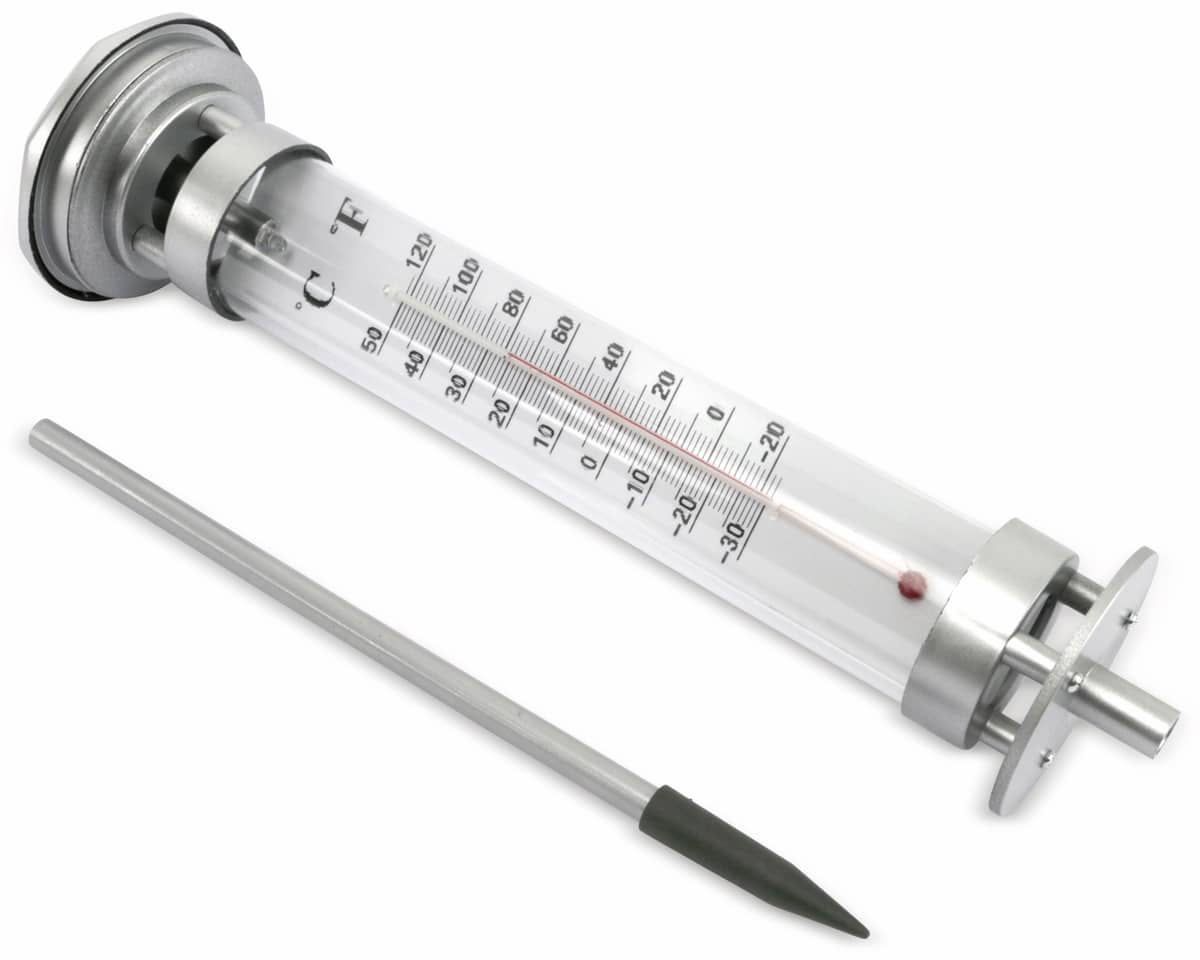 GRUNDIG Gartenthermometer mit Solarlampe, silber