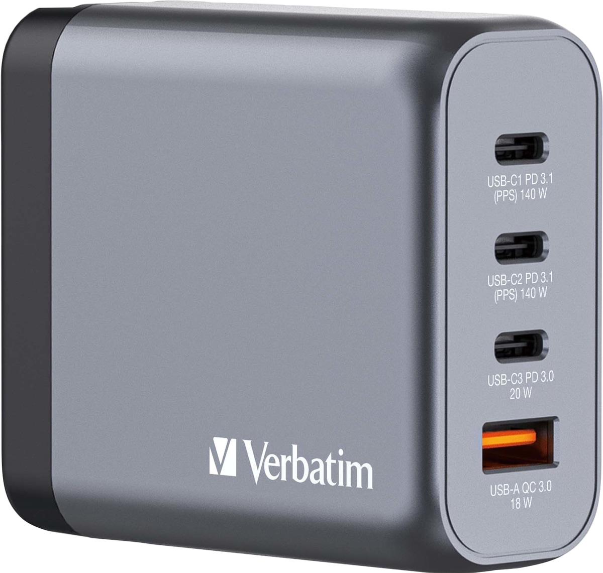 VERBATIM USB-Ladegerät 32203, 140W, 1x USB-A QC, 3x USB-C PD, grau