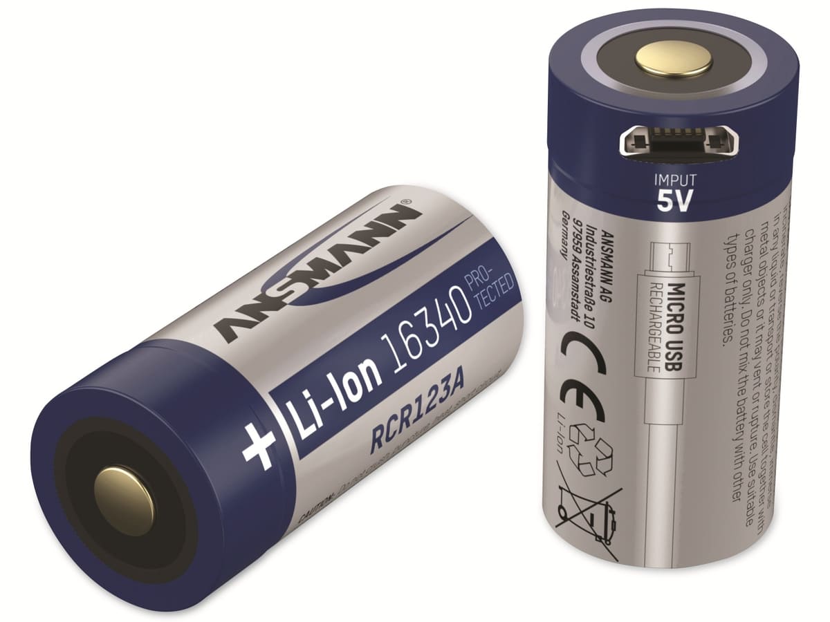 ANSMANN Li-Ion-Akku 16340, Micro-USB, 3,6V-/850 mAh, mit Micro-USB-Ladebuchse