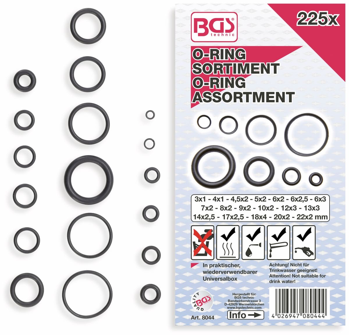 BGS TECHNIC Sort. O-Ring, 8044, Ø3...22 mm, 225-tlg