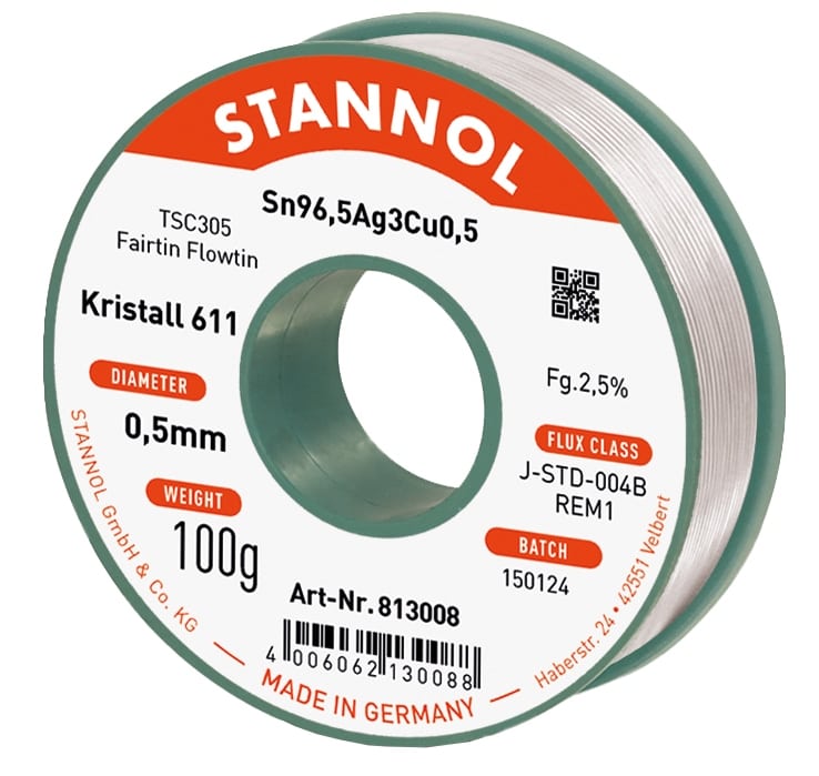 STANNOL Lötzinn Kristall 611, TSC305, Sn96,5Ag3,0Cu0,5, Fairtin Flowtin, 0,5 mm, 100 g