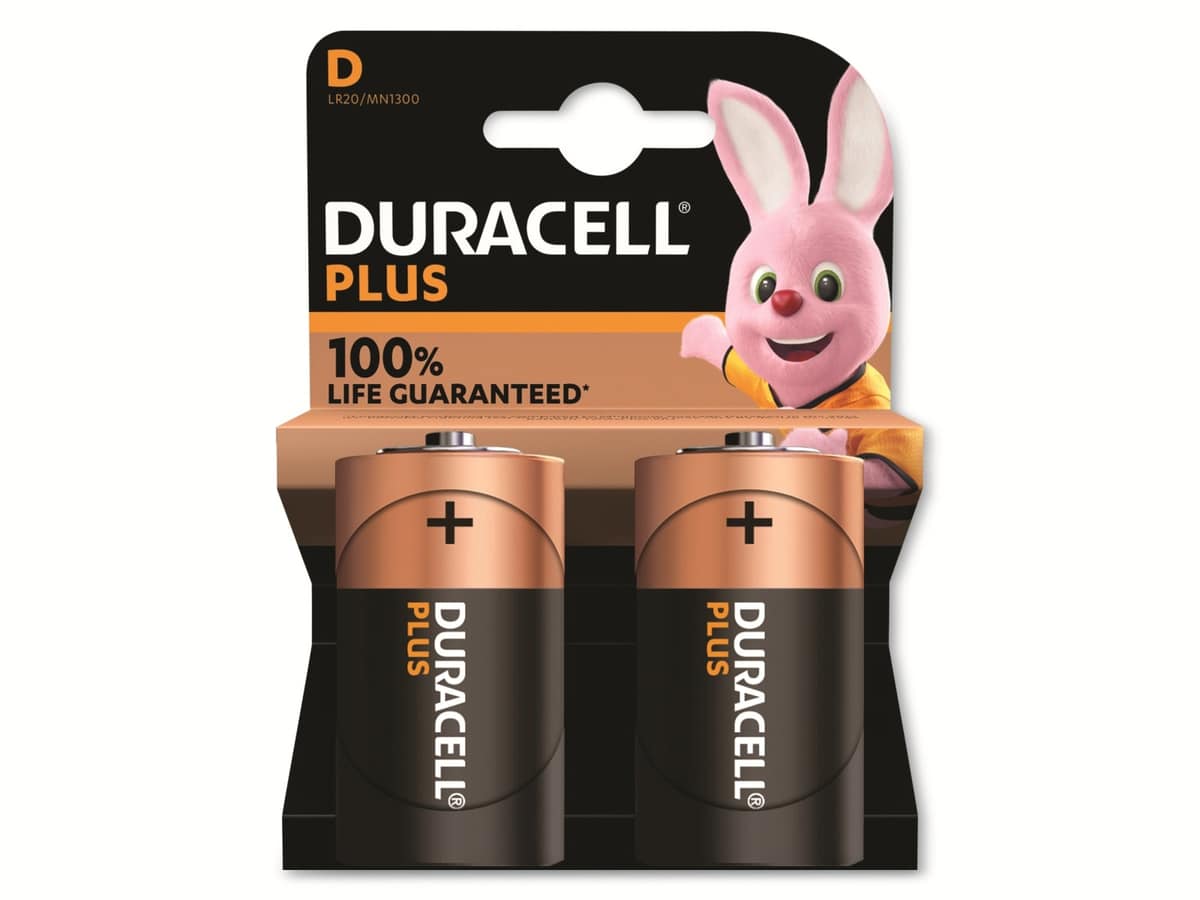 DURACELL Alkaline-Mono-Batterie LR20, 1.5V, Plus, 2 Stück