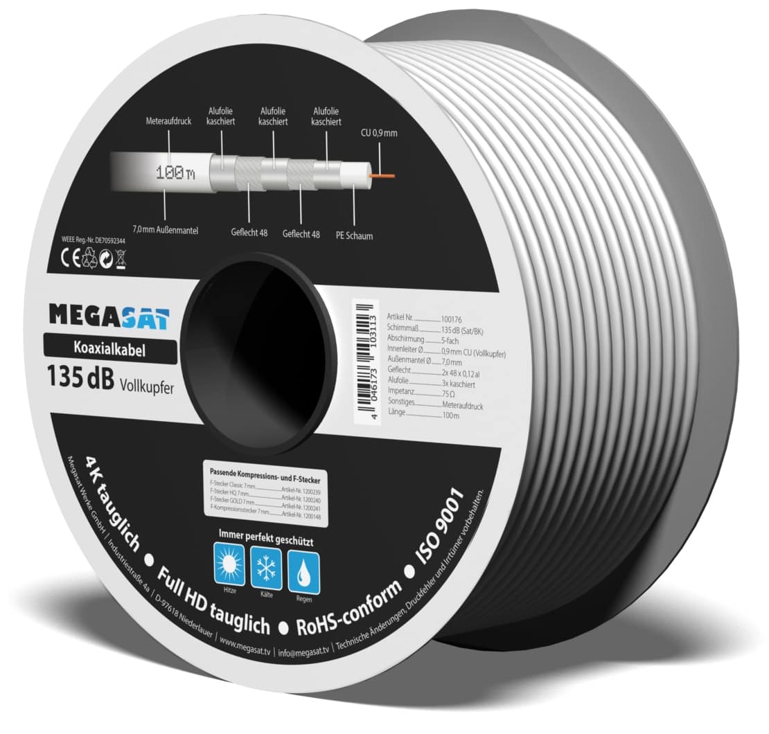 MEGASAT Koaxialkabel , Vollkupfer, 135 dB, 100 m