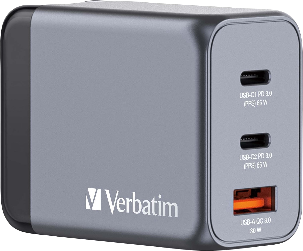 VERBATIM USB-Ladegerät 32201, 65W, 1x USB-A QC, 2x USB-C PD, grau