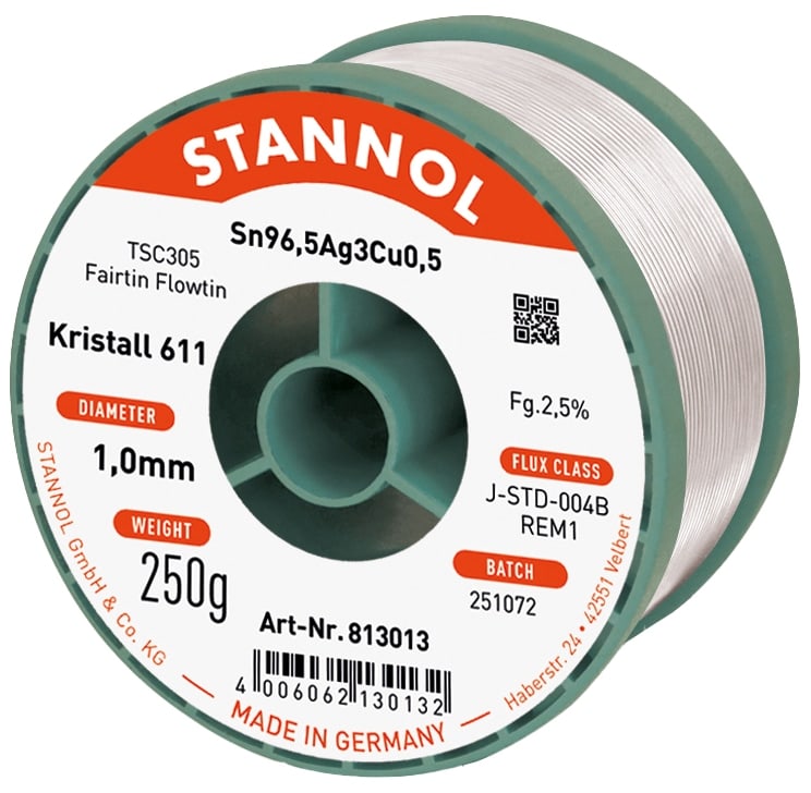 STANNOL Lötzinn Kristall 611, TSC305, Sn96,5Ag3,0Cu0,5, Fairtin Flowtin, 1,0 mm, 250 g