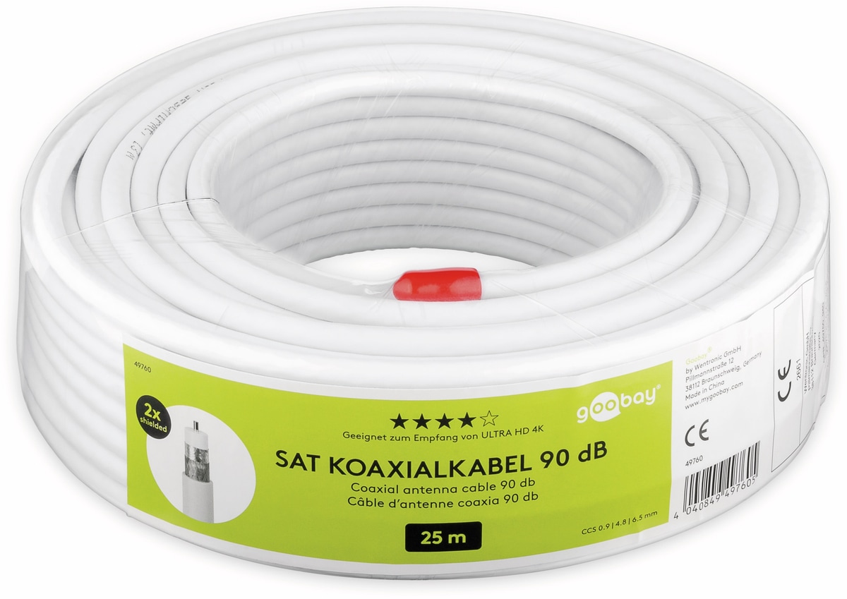 GOOBAY Koaxialkabel 49760, 25 m, weiß, 6,5 mm, CCS, 90 dB