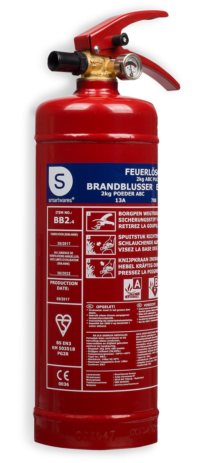 Feuerlöscher, Pulver, 2 Kg, Brandklasse 13A, 70B, C