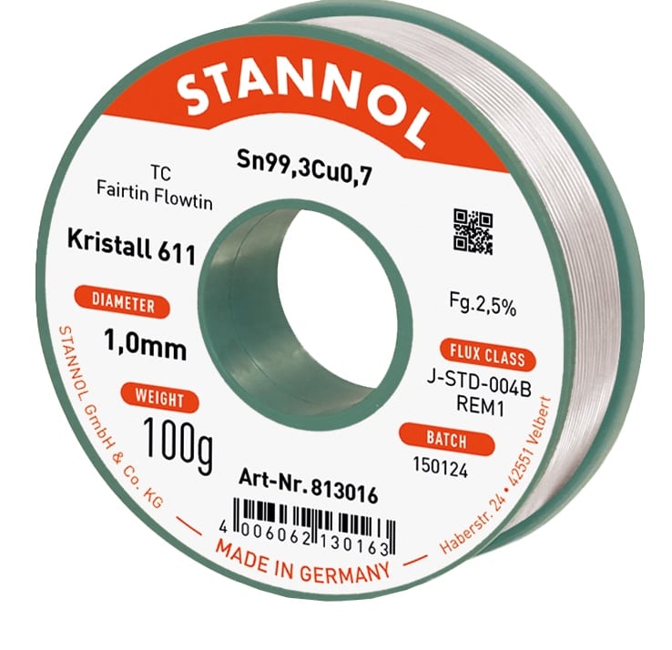 STANNOL Lötzinn Kristall 611, TC, Sn99,3Cu0,7, Fairtin Flowtin, 1,0 mm, 100 g