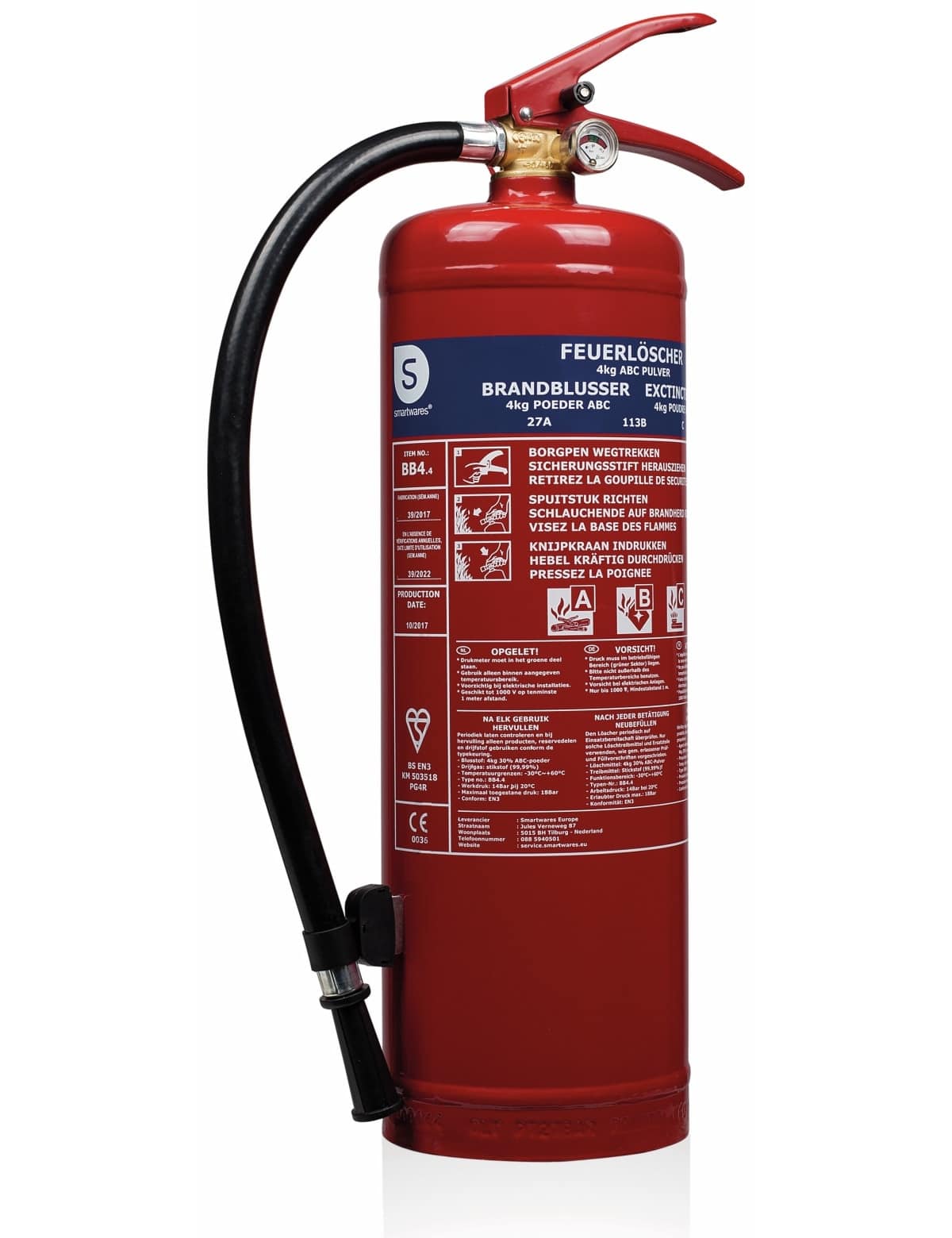 SMARTWARES Feuerlöscher, Pulver, 4 kg, Brandklasse 27A, 113B,C