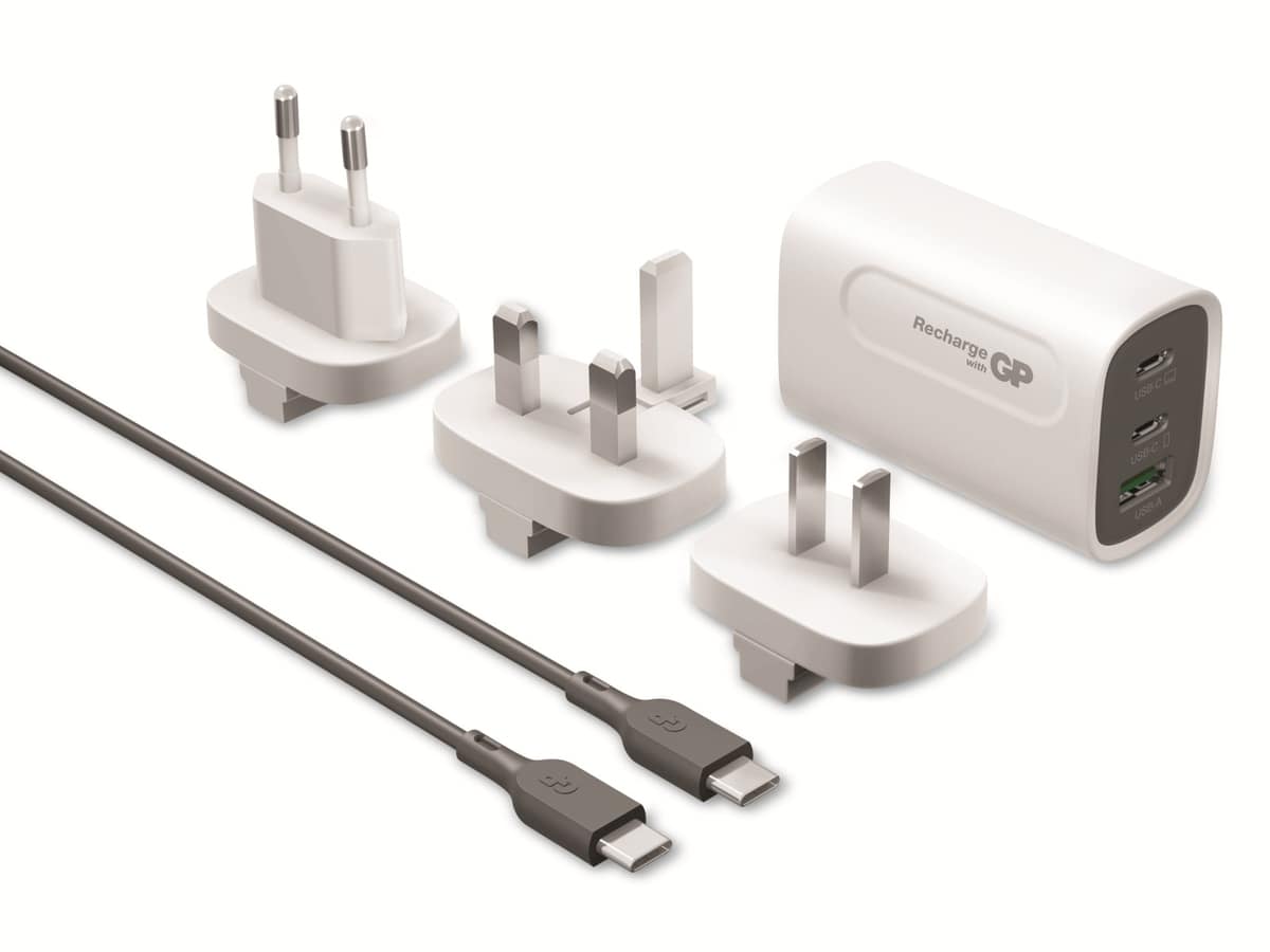 GP USB Steckerlader 65W GaN inkl. 3 Länderadapter, USB-A/2x USB-C