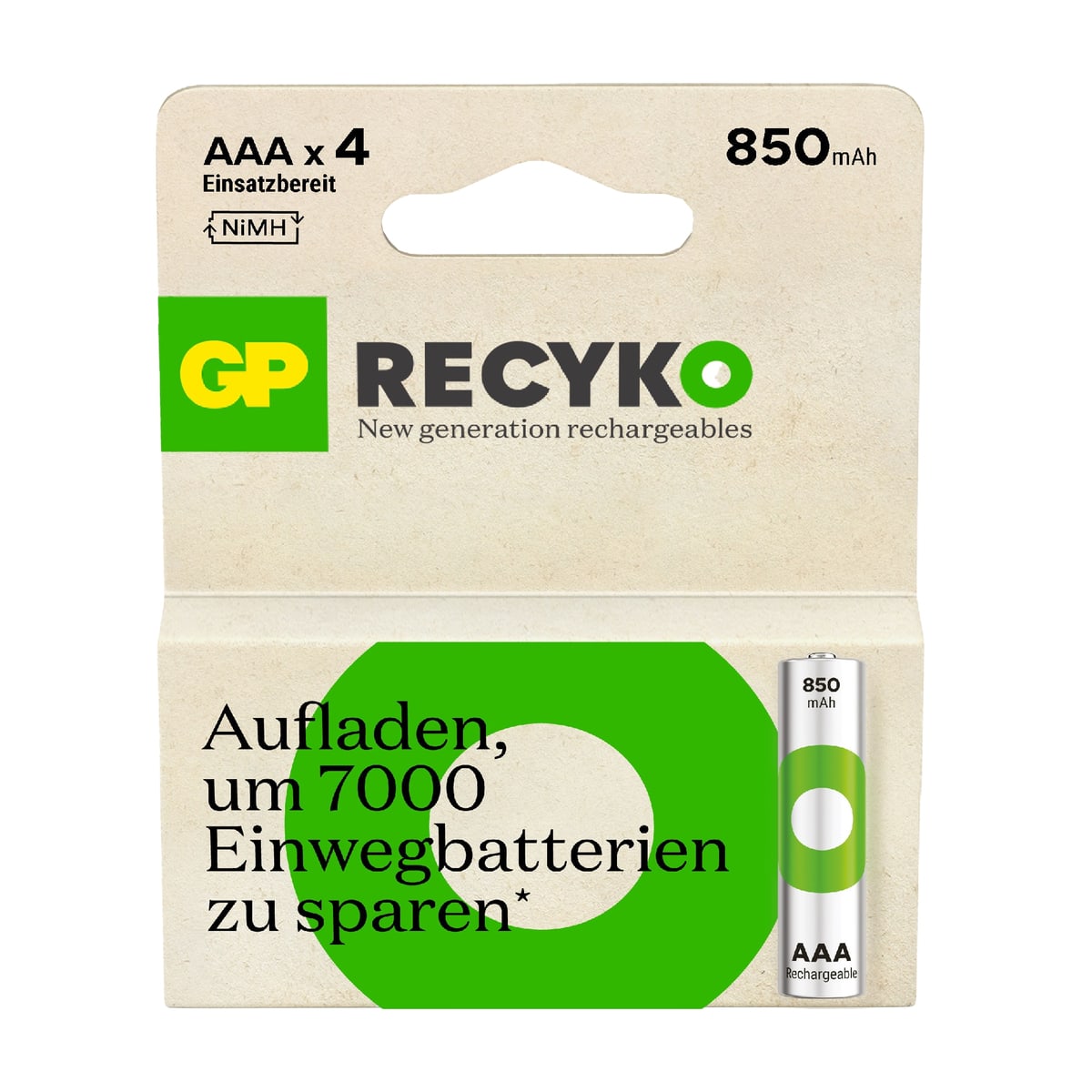 GP ReCyKO NiMH Akku Micro AAA, HR03 1,2V/850mAh, 4 Stück