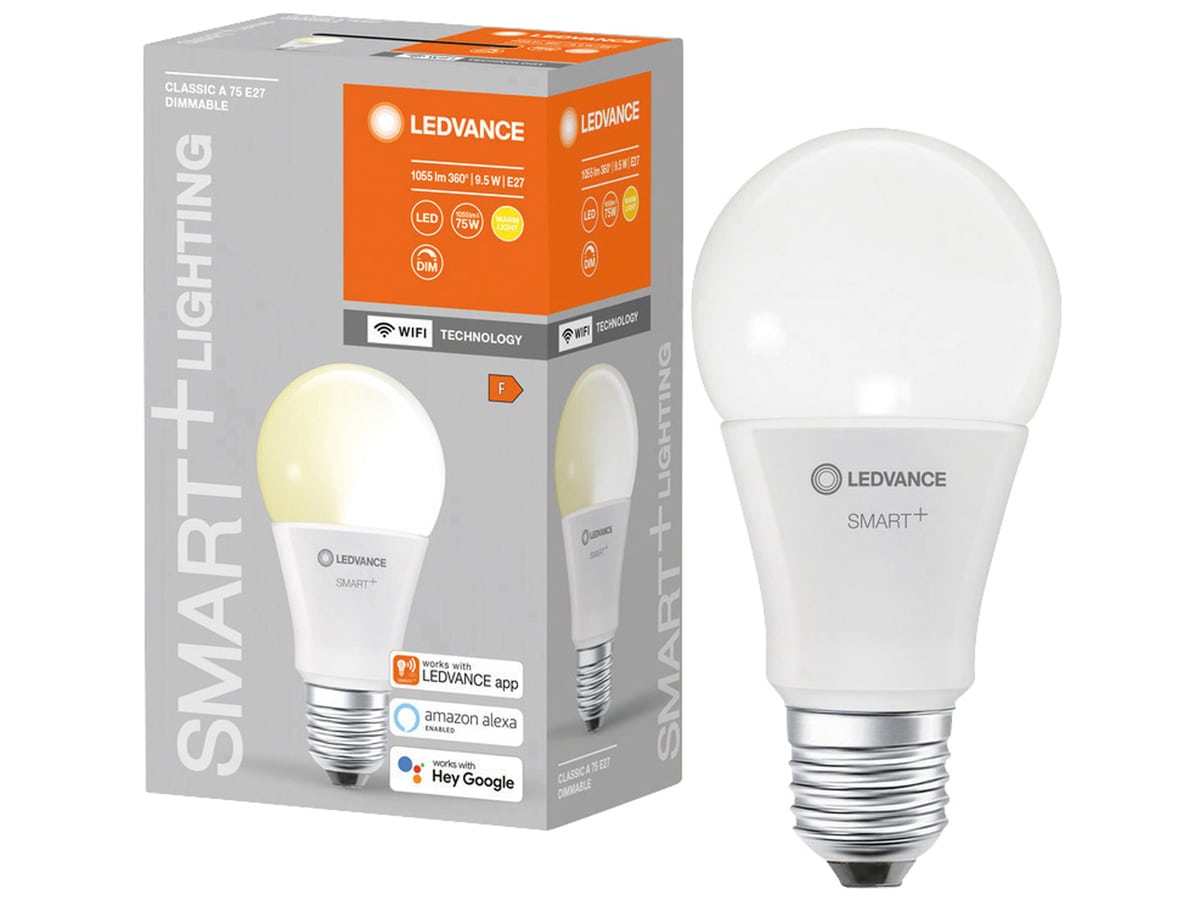 LEDVANCE LED-Lampe SMART+ WiFi Classic, A60, E27, EEK: F, 9,5 W, 1055 lm, 2700 K, Smart