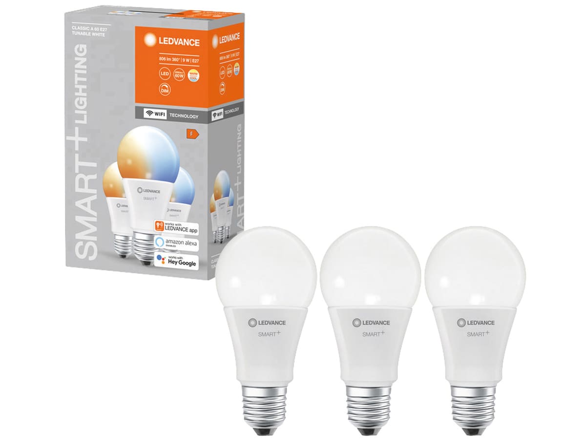 LEDVANCE LED-Lampe SMART+ WiFi Classic, A60, E27, EEK: F, 9 W, 806 lm, 2700…6500 K, Smart, 3 Stück